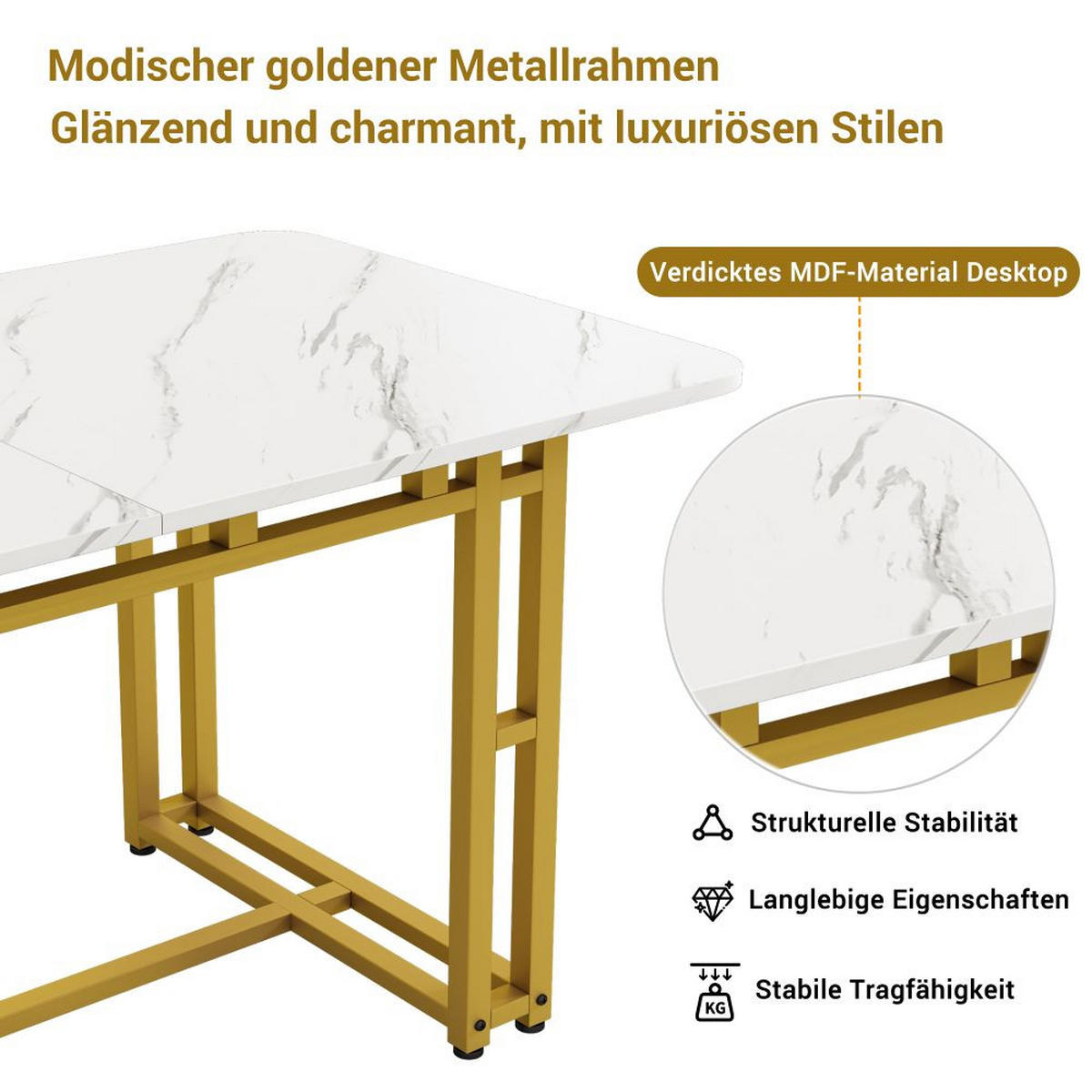 ESSTISCH 120x70 cm in Weiß und Golden mit Gestell aus Metall - Goldfarben, Holz/Metall (120/70/74cm) - KOMHTOM