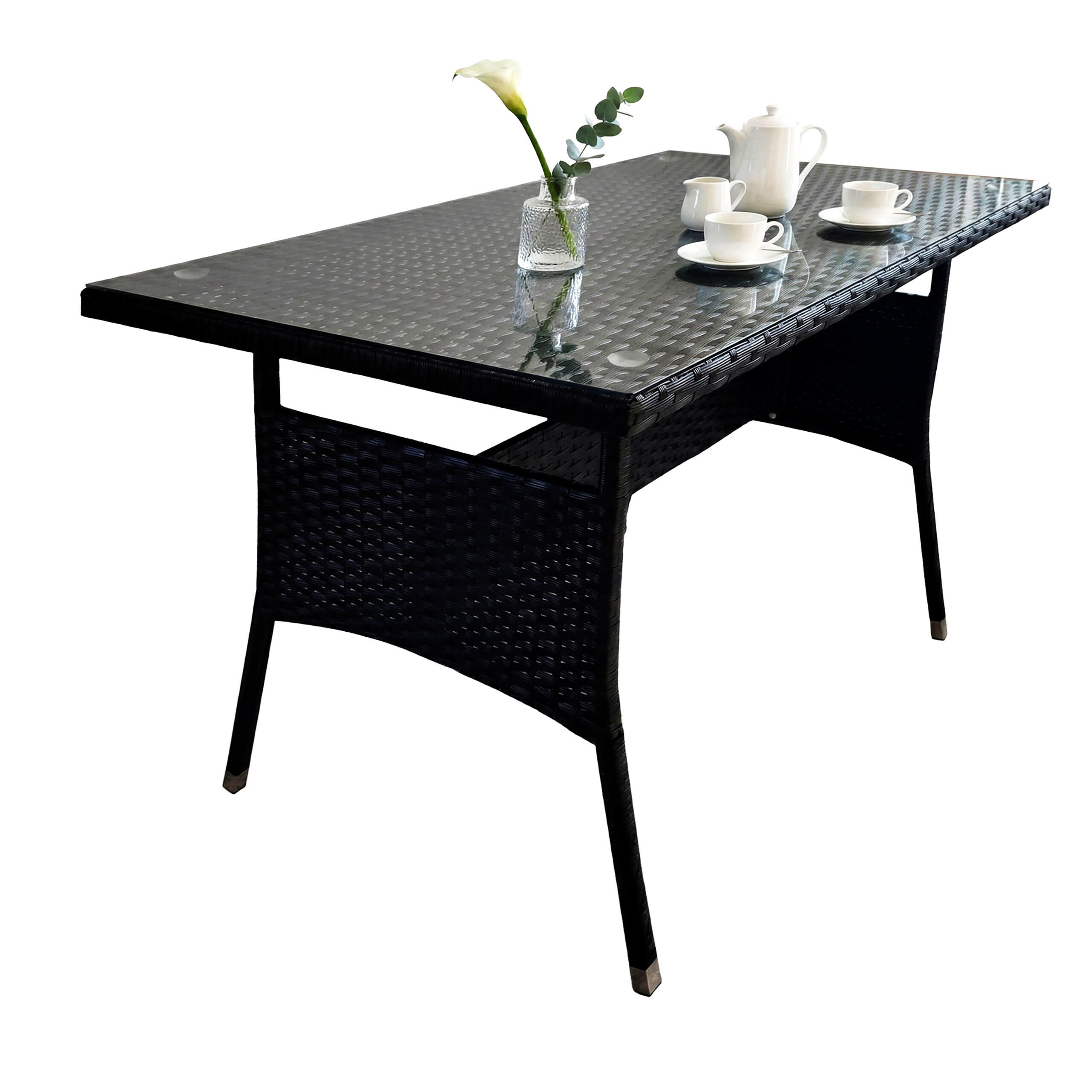 BORD Svart trädgård polyrattan glasskiva 100x60 cm - Svart, Glas/Plast (60/100/70cm) - Relaxdays