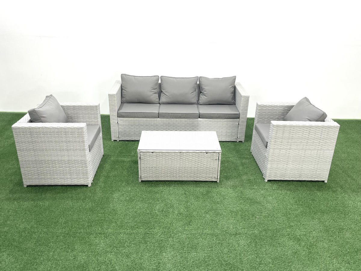 GARTENMÖBELSET mit 3-SITZER SOFA,COUCHTISCH Polyrattan Hellgrau-Mix 5-Sitzer - Hellgrau/Grau, Glas/Kunststoff - Fimous