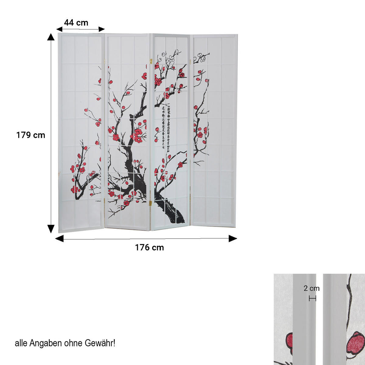 PARAVENT 4-tlg. 176/179 cm Weiß Kirschmuster - Weiß, Holz (176/179/2cm) - Homestyle4u