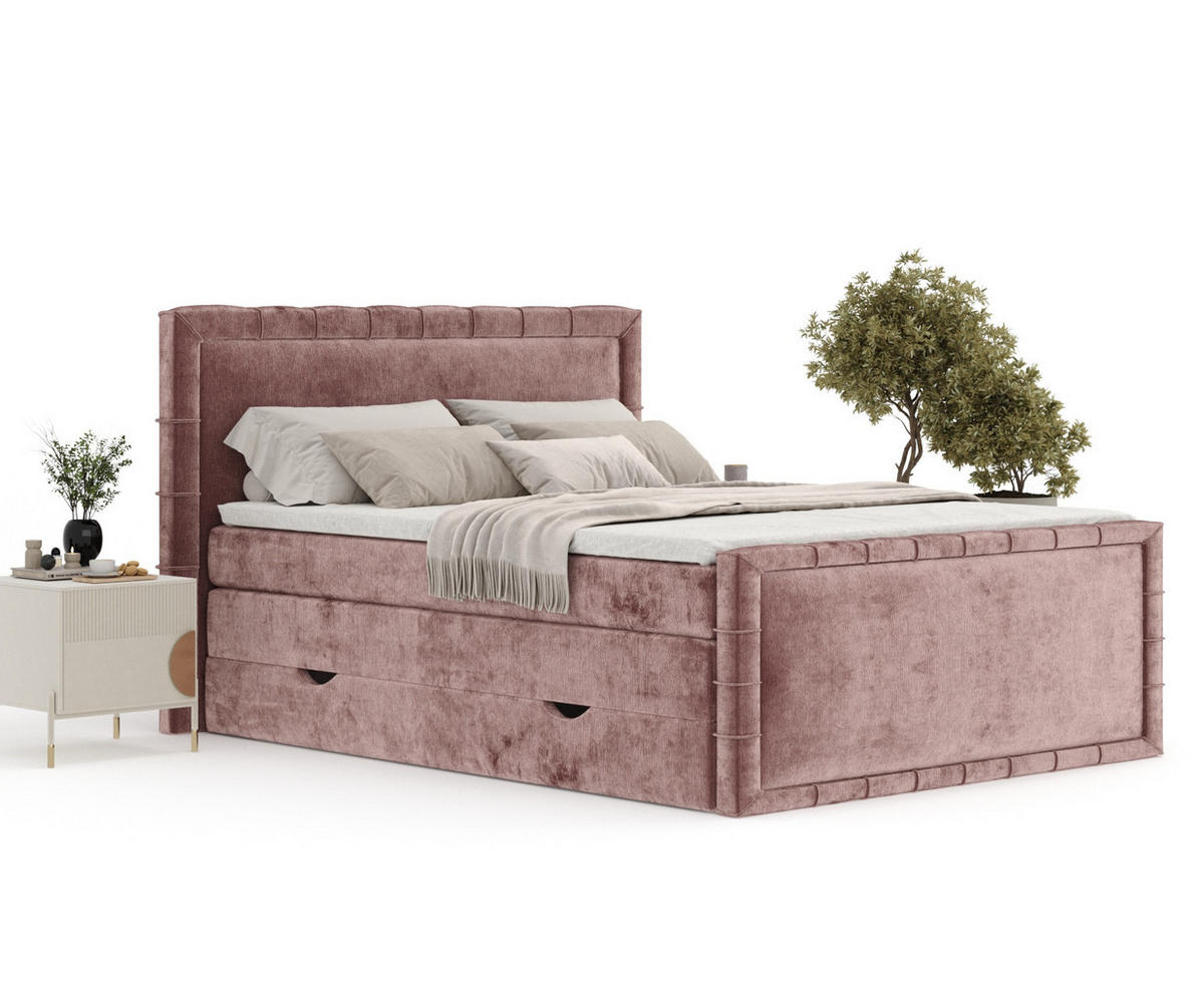 BOXBETT Estelle Rosa 200/200 cm im Chenille-Stoff - Pink/Schwarz, Holz/Holzwerkstoff (200/200cm) - Maison de Reve