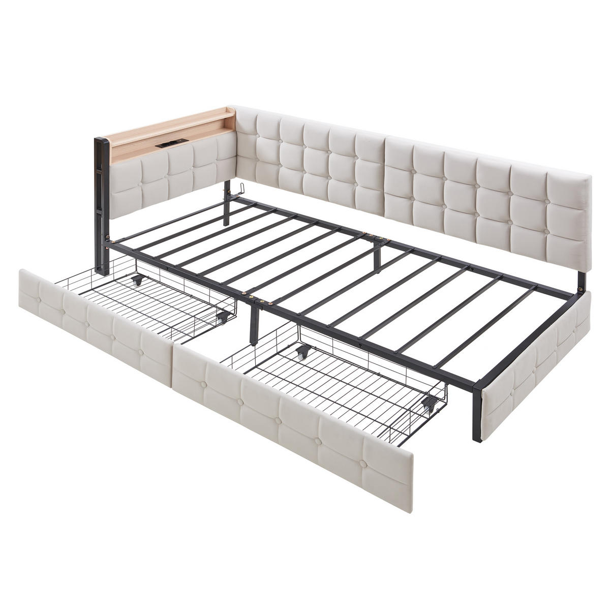 POLSTERBETT 90x200 cm mit 2 Schubladen in Beige - Beige, Textil (90/200cm) - KOMHTOM