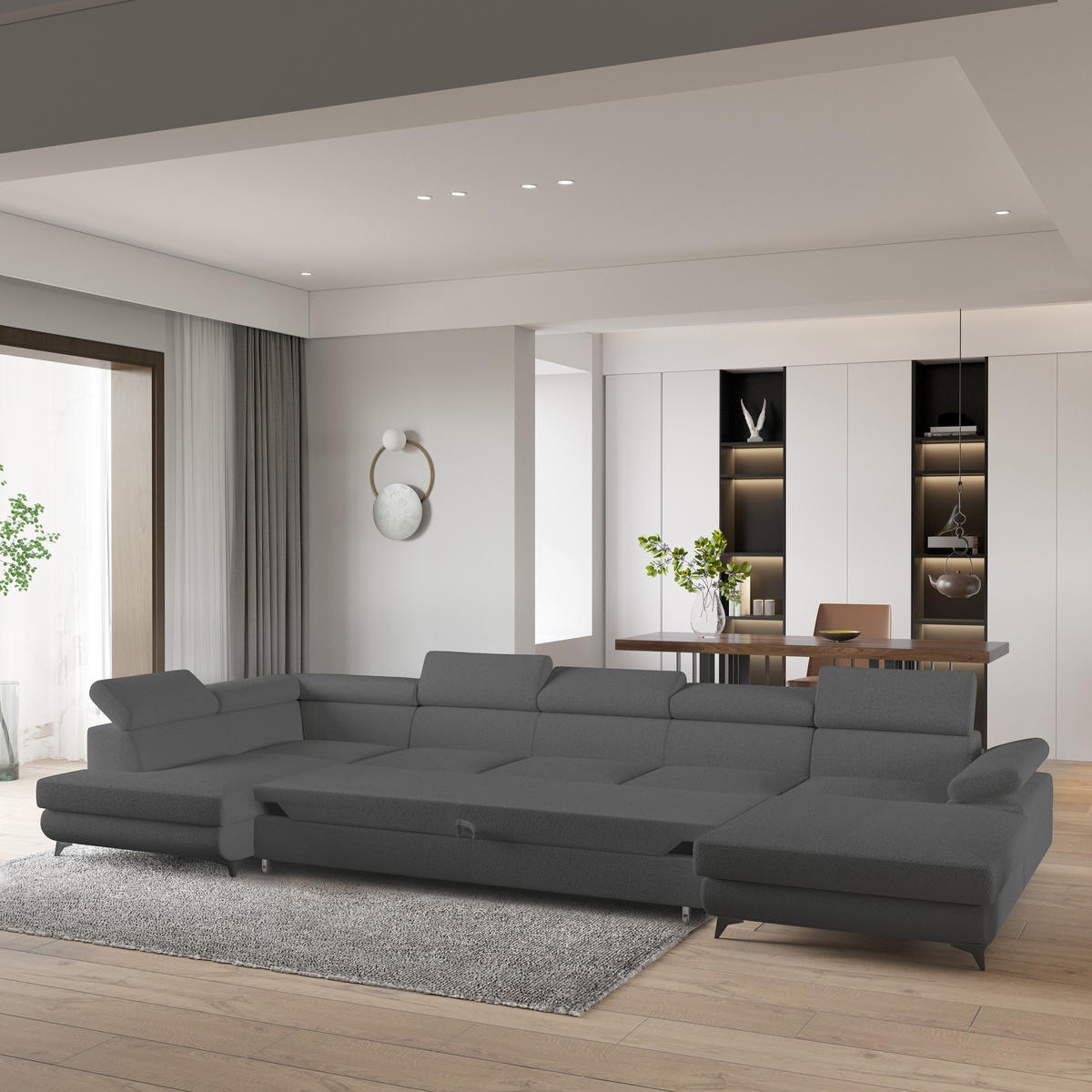 WOHNLANDSCHAFT MONTIVA Grau Boucle-Stoff mit Schlaffunktion - Grau, Holz (410/89/190cm) - MASSENO