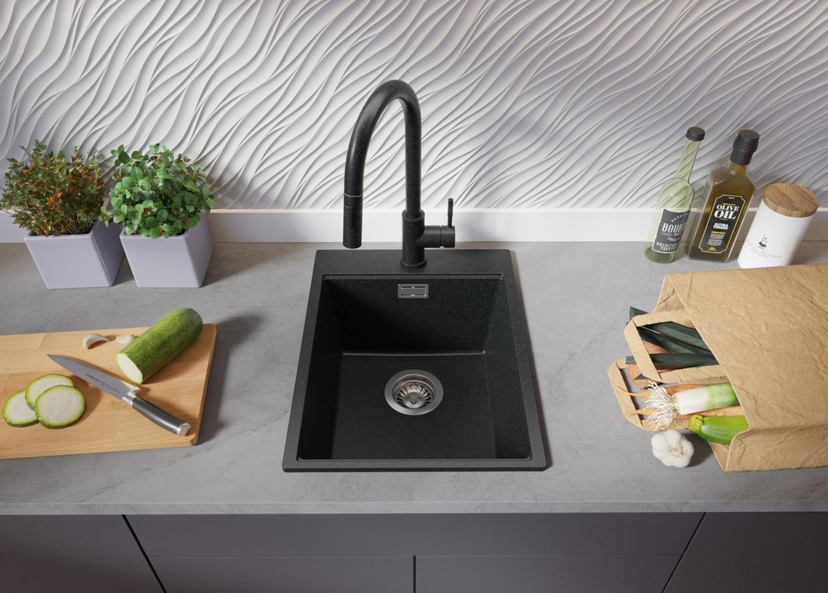 SPÜLBECKEN Oslo, 3-er set Anthrazit 38/50 cm, 1 Becken + Ablauf-Set + Schneidebrett ab 40er Unterschrank - Chromfarben/Anthrazit, Kunststoff (38/20/50cm) - Primagran