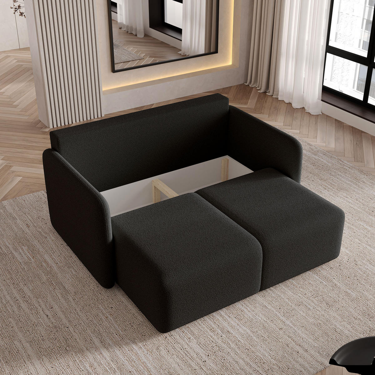 BETTSOFA SUVI II Q Schwarz Bucle-Stoff mit Schlaffunktion - Schwarz, Textil (90/85/153cm) - MASSENO