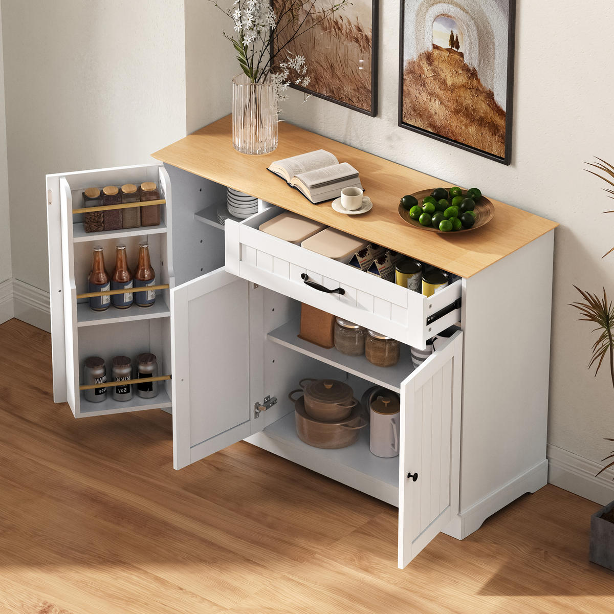 SIDEBOARD in Naturfarbe und Weiß Anrichte mit Schublade für Esszimmer, Wohnzimmer und Diele, B107/T40/H83.4 cm - Weiß, Holzwerkstoff/Metall (107/83.4/40cm) - STILVORA