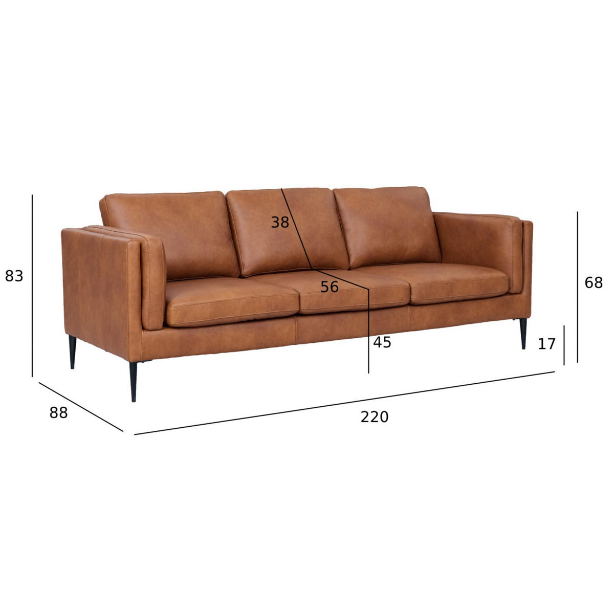 DREISITZER-SOFA Echtleder Braun - Schwarz/Braun, Leder/Metall (220/83/88cm) - Furnhouse