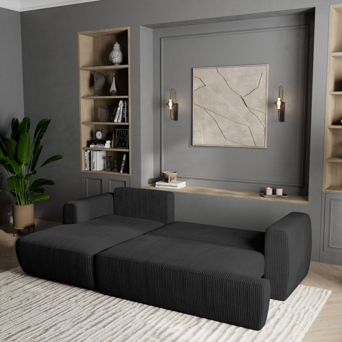 ECKSOFA SENTI P L-S Schwarz Kordstoff mit Schlaffunktion - Schwarz, Holz (246/148cm) - MASSENO