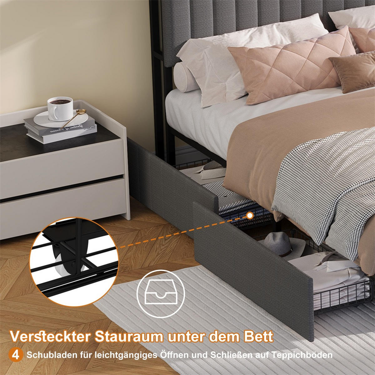 POLSTERBETT 90x200cm - Doppelbett 90x200cm mit Schubladen - RGB-LED-Beleuchtung - ohne Matratze - Grau - Grau, Textil (90/200cm) - DELFA