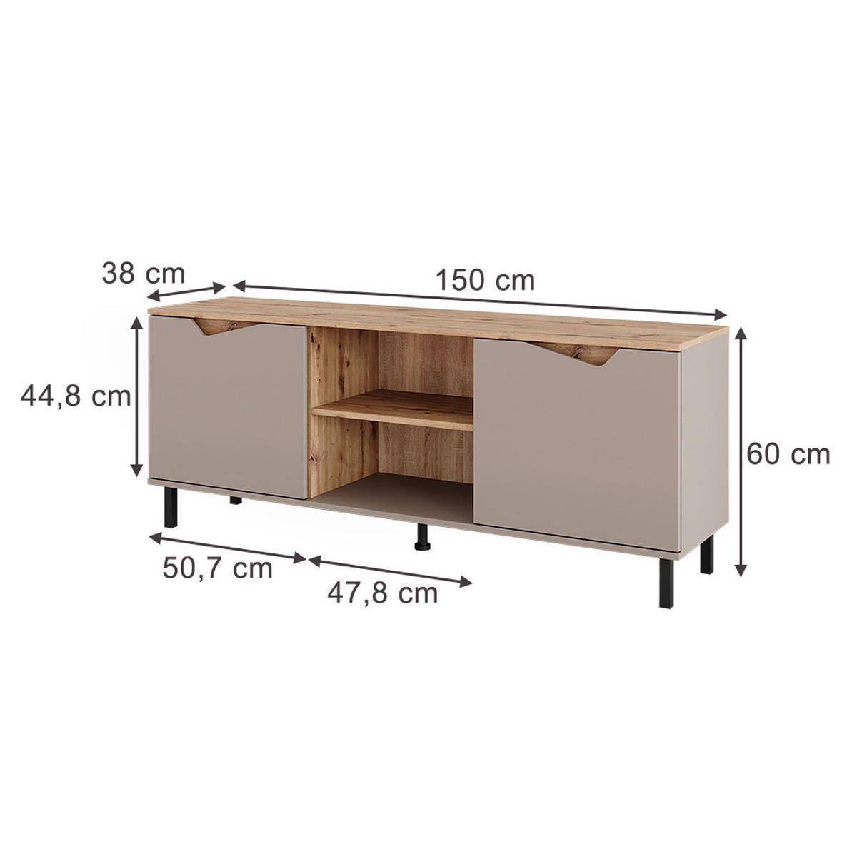 LOWBOARD Marelle Greige/Artisan 150 x 60 cm mit 2 Türen - Greige/Hellgrau, Holzwerkstoff (150/60/38cm) - Vicco