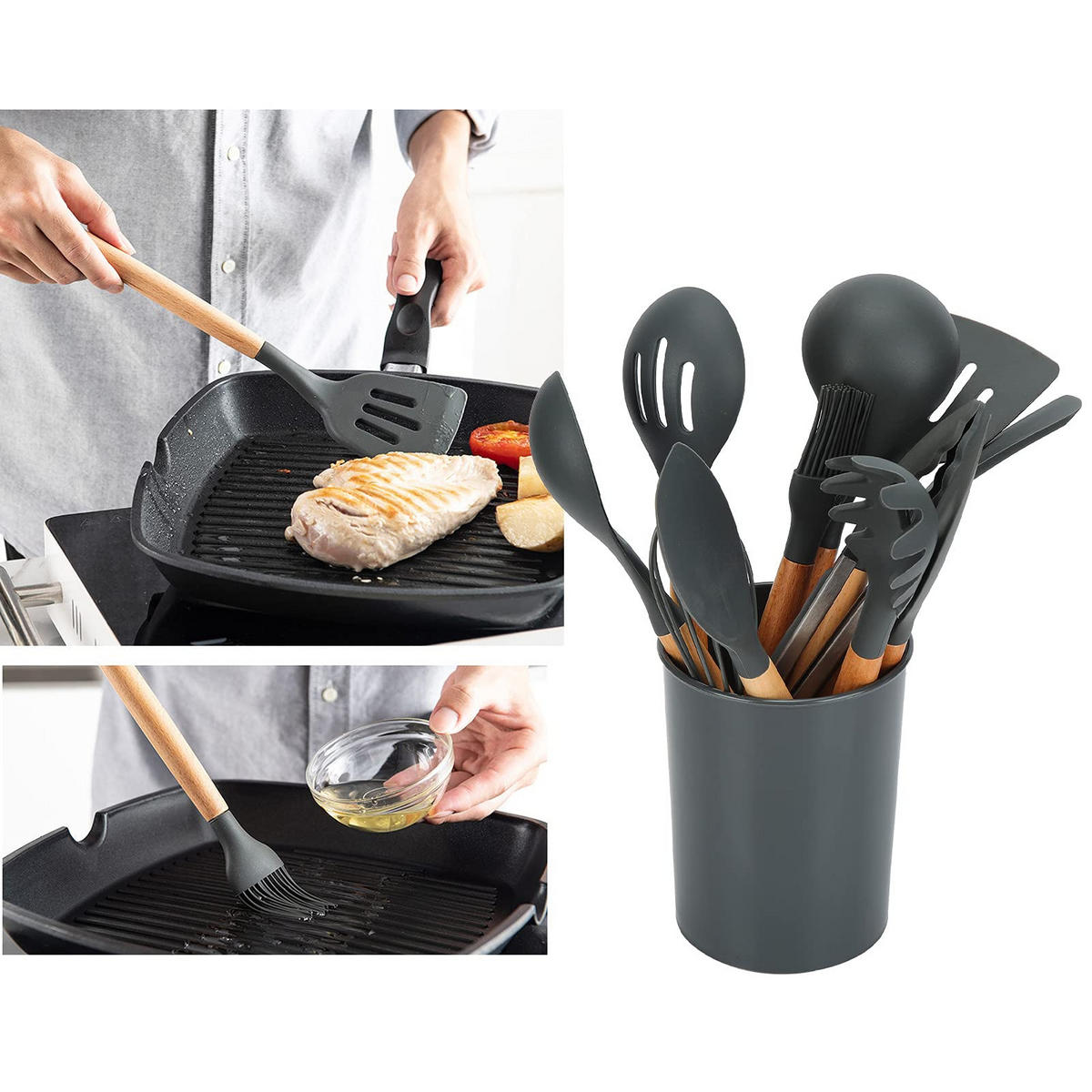 KÜCHENHELFER-SET, 12-teilig, Silikon, Buchenholz, hitzebeständig, BPA-frei, mit Behälter - Schwarz, Metall - PARAFTA HOME