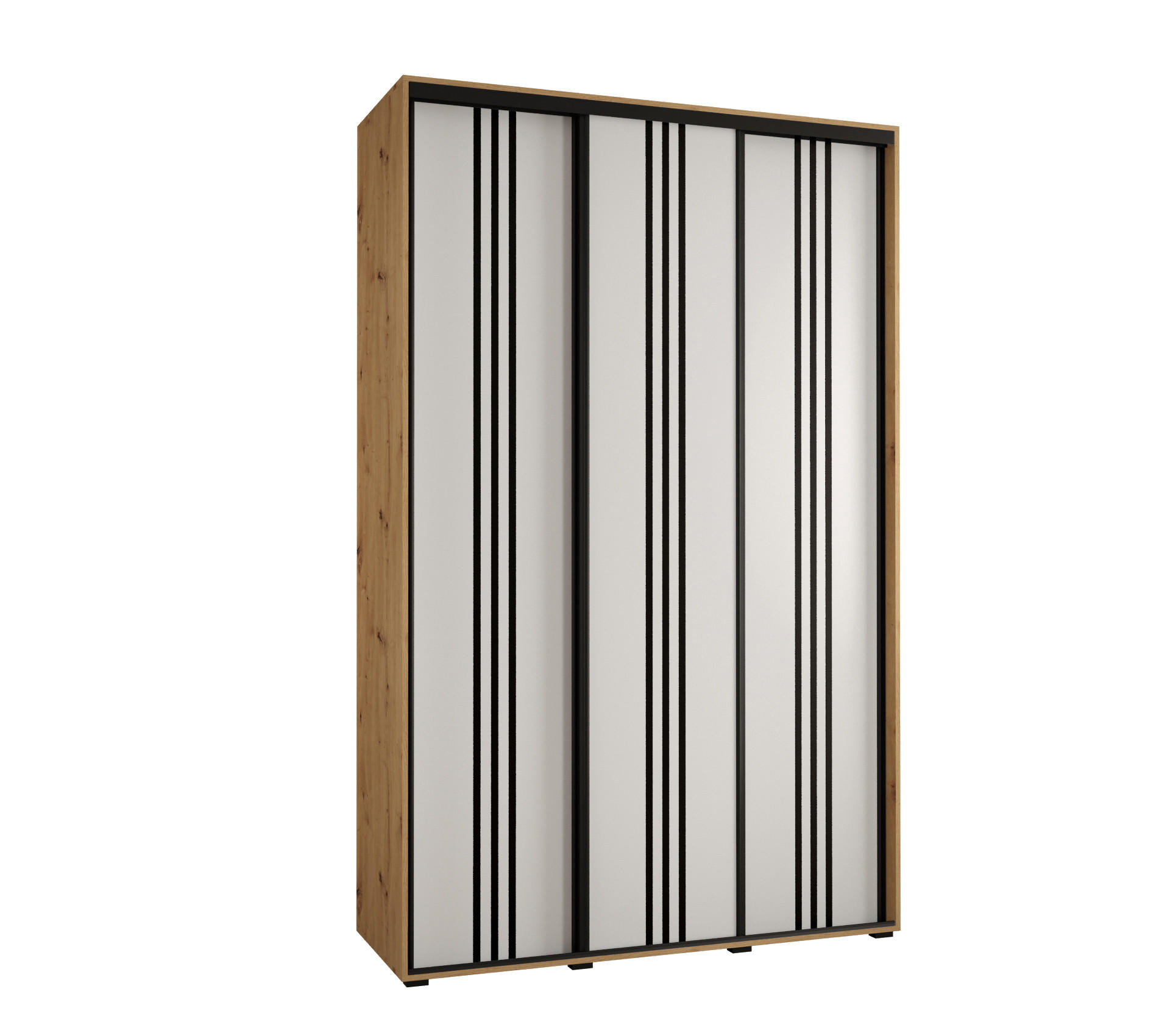 Abiks Möbel Schwebetürenschrank Eiche Artisan, Weiß, Schwarz 150x235x45 cm