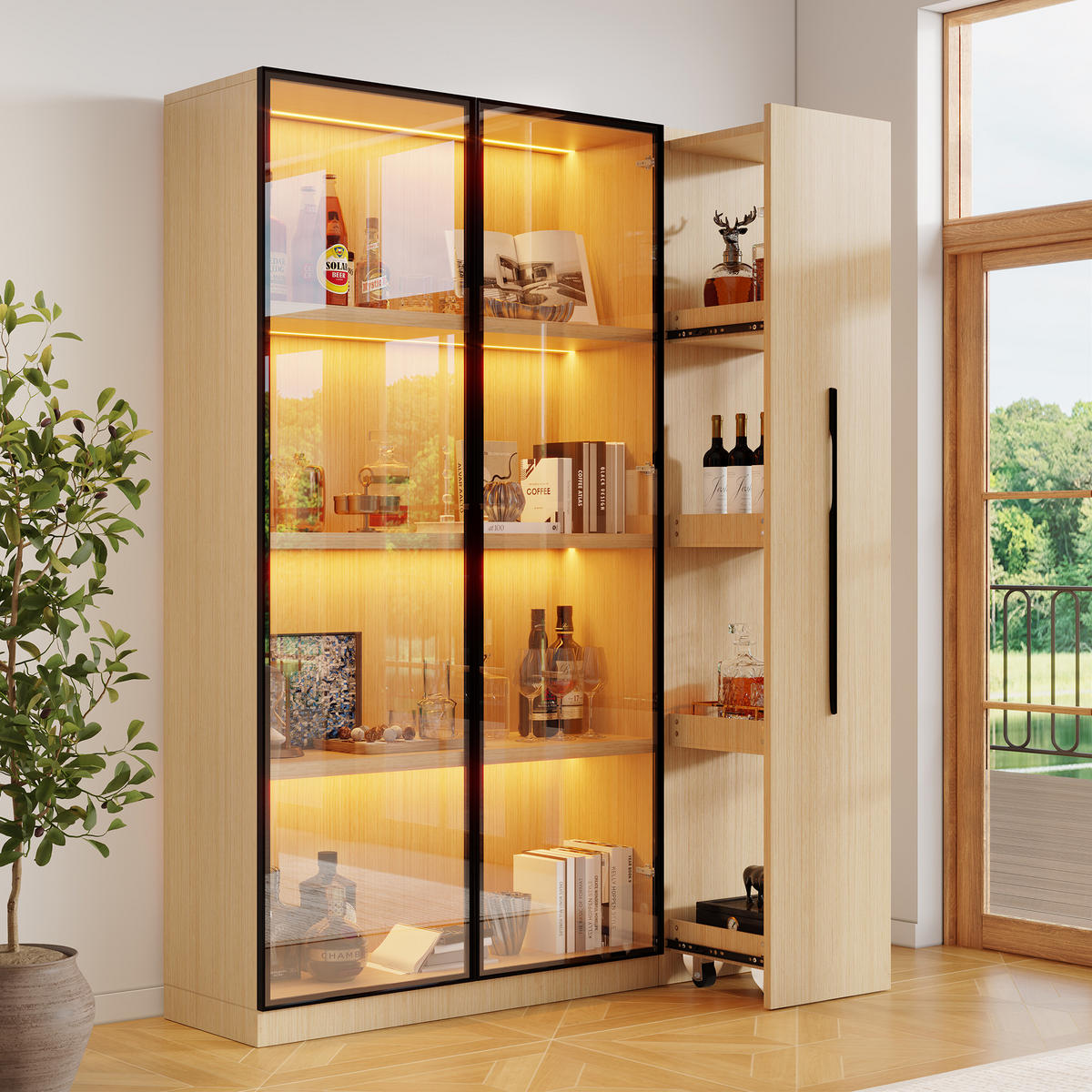 VITRINE LED Glastür Seitenauszug 160cm Modern - Eichefarben, Holzwerkstoff (110/160/35cm) - FLIEKS