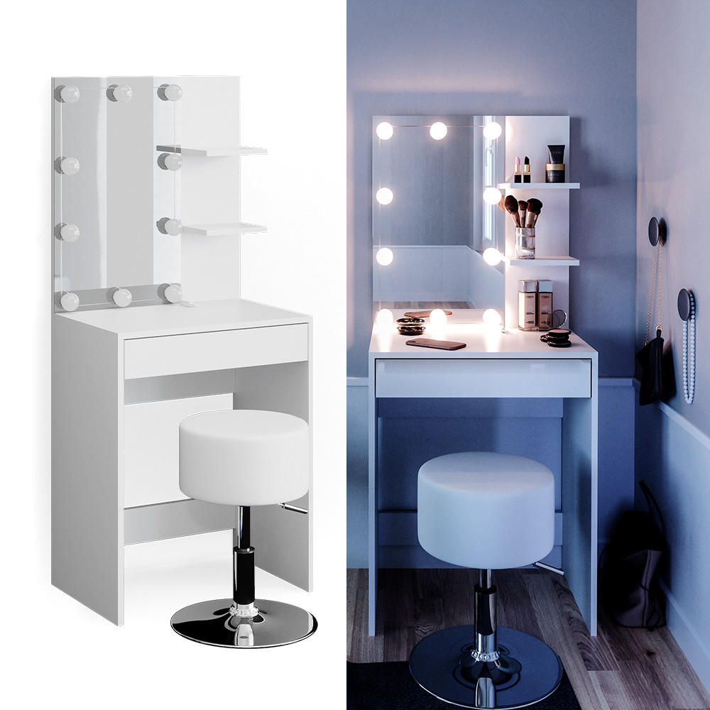 SCHMINKTISCH Isabelle Weiß 60 cm mit LED Beleuchtung und Hocker - Weiß, Holzwerkstoff (60/140/40cm) - Vicco