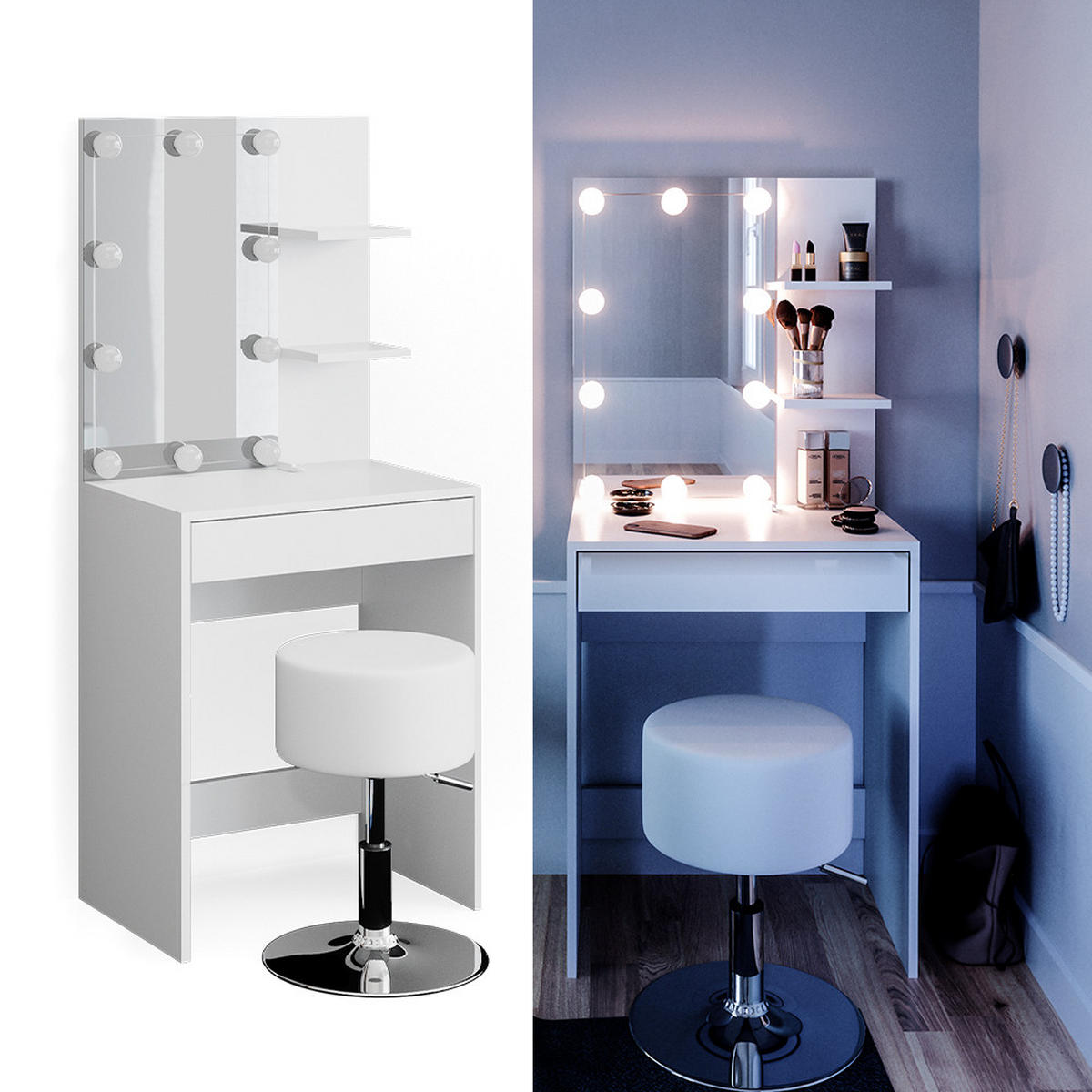 SCHMINKTISCH Isabelle Weiß 60 cm mit LED Beleuchtung und Hocker - Weiß, Holzwerkstoff (60/140/40cm) - Vicco