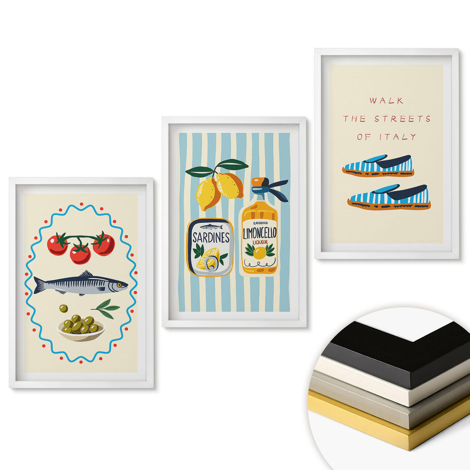 WANDBILDER 3er-Set - 40x60 cm Weißer Rahmen - Italienische Aromen und Lifestyle-Bilder - Weiß, Kunststoff (40/60cm) - ArtPrintCave