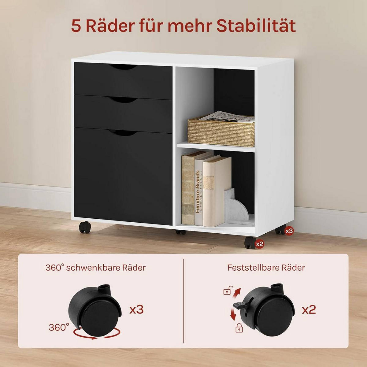 ROLLCONTAINER mit 3 Schubladen,5 Rollen, Weiß+Schwarz - Schwarz/Weiß, Holzwerkstoff (80/69.5/39.5cm) - Woltu