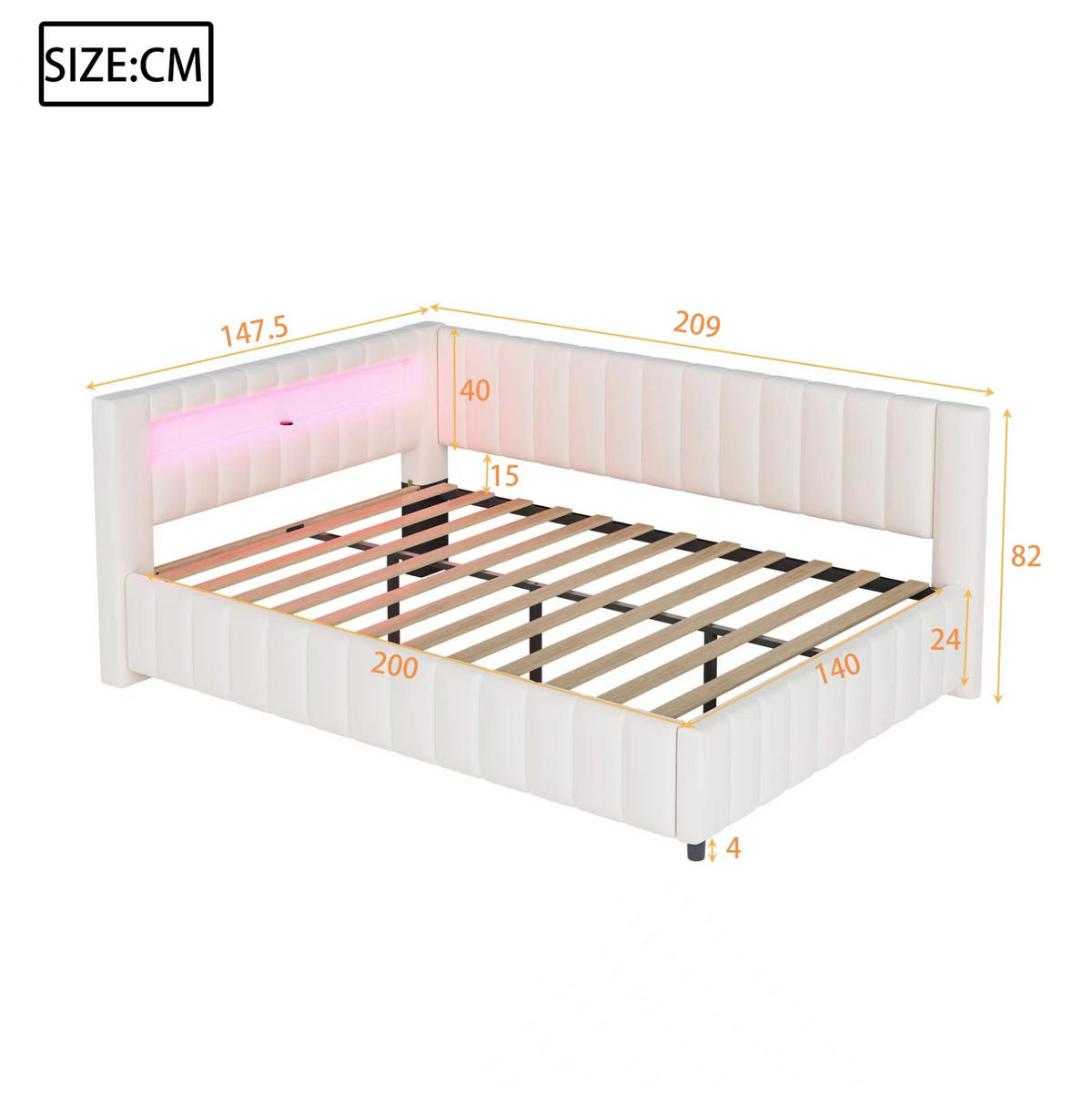 ČALÚNENÁ posteľ zo zamatu 140x200 cm béžová s LED osvetlením, USB portom a L-kovým dizajnom - béžová, textil (140/200cm) - Modfu