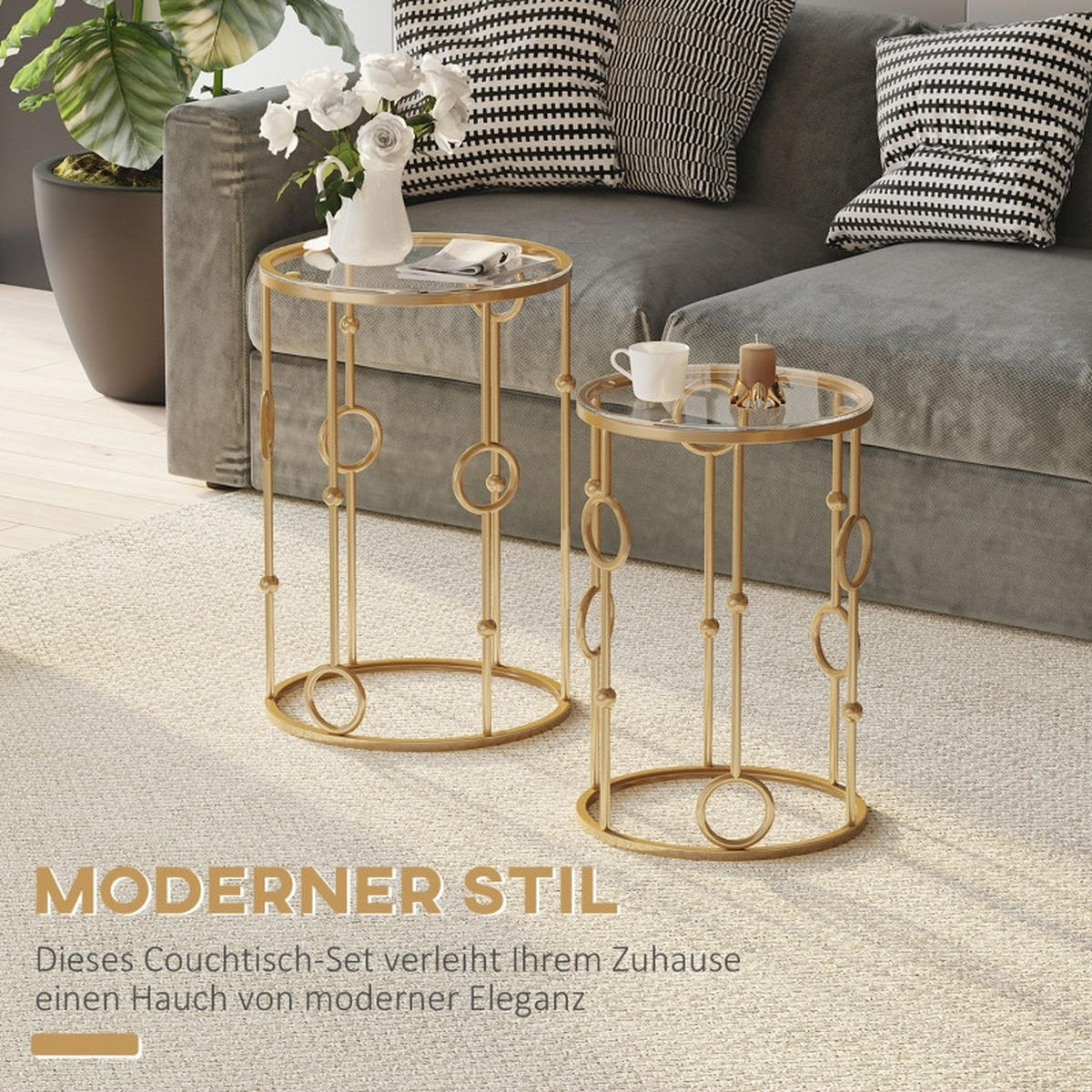 BEISTELLTISCH-SET 41/41/57 cm gold im Nesting-Design mit Glasplatte aus Metall - Goldfarben, Metall (41/41/57cm) - OKWISH