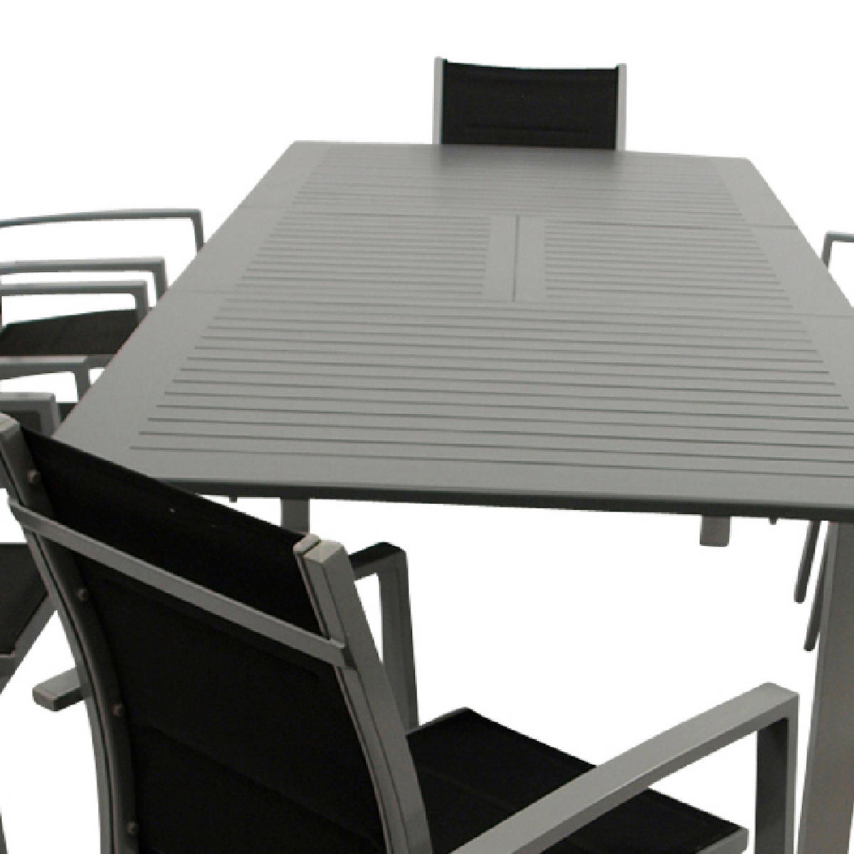 GARTEN-GARNITUR Ashford - 9-teilige Garten-Essgruppe (8x Stapelsessel mit Aluminiumgestell, Bespannung Textillehne schwarz, Ausziehtisch - Schwarz, Metall - TPFGarden