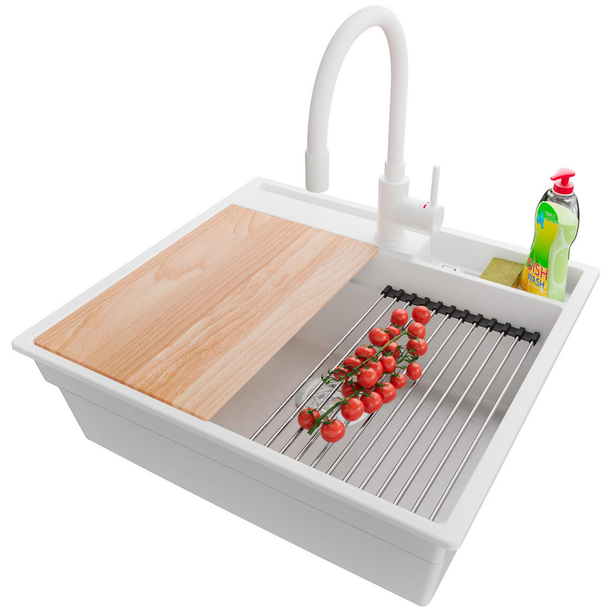 GRANITSPÜLE Oslo Pocket, 2-er set Weiß 58/53 cm 1 Becken + Küchenarmatur 38/14 cm + Ablauf-Set + Küchenzubehörset ab 60er Unterschrank - Chromfarben/Beige, Kunststoff (58/20/53cm) - Primagran