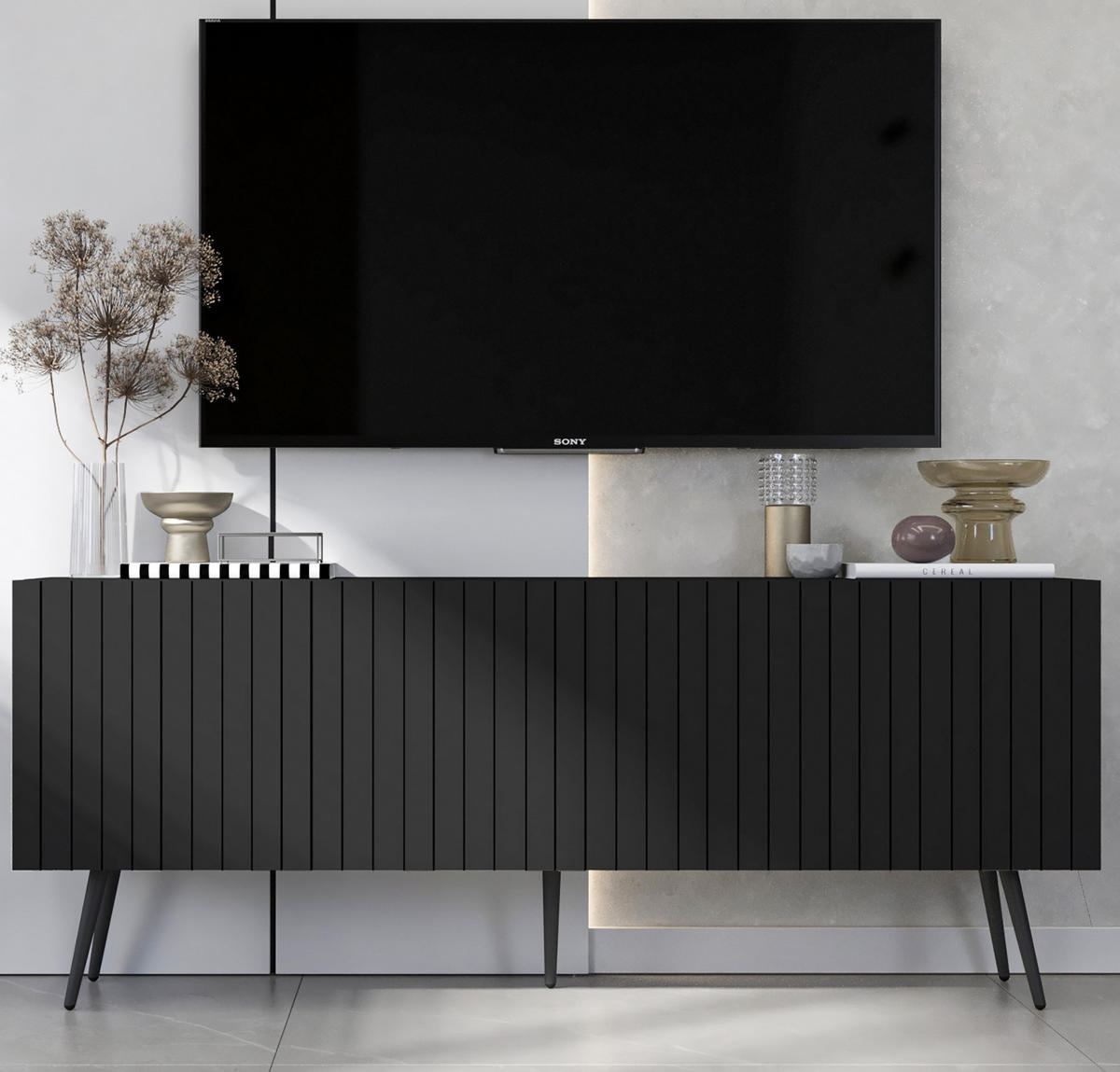 TV-SCHRANK Elpis Schwarz Matt mit Metallbeine Glamour 150 cm - Schwarz, Holzwerkstoff/Metall (150/60.5/36.5cm) - Meble Lindner