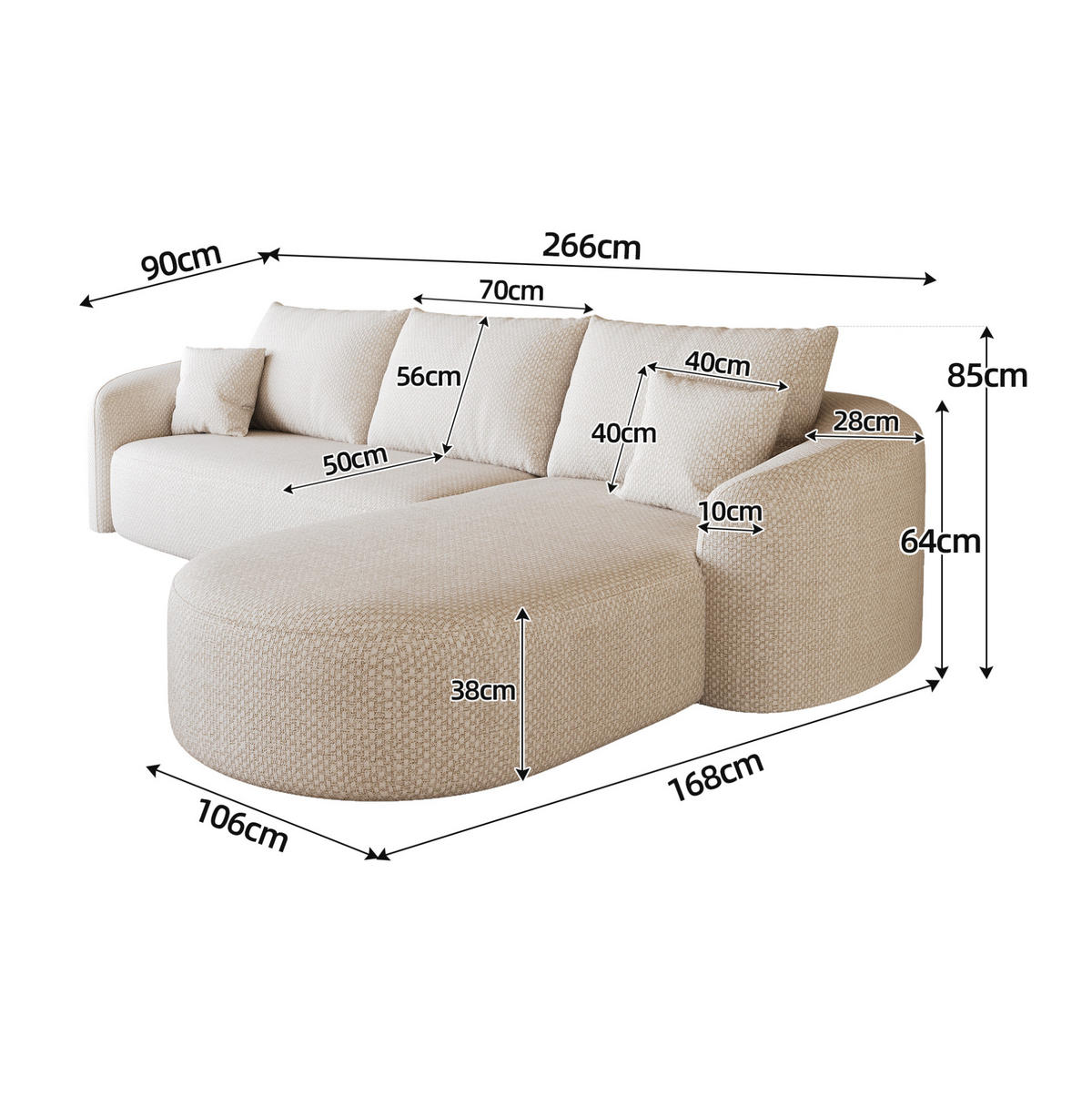 ECKSOFA 266 cm weiß aus Stoff ohne Montage - Weiß, Textil (168/266cm) - OKWISH