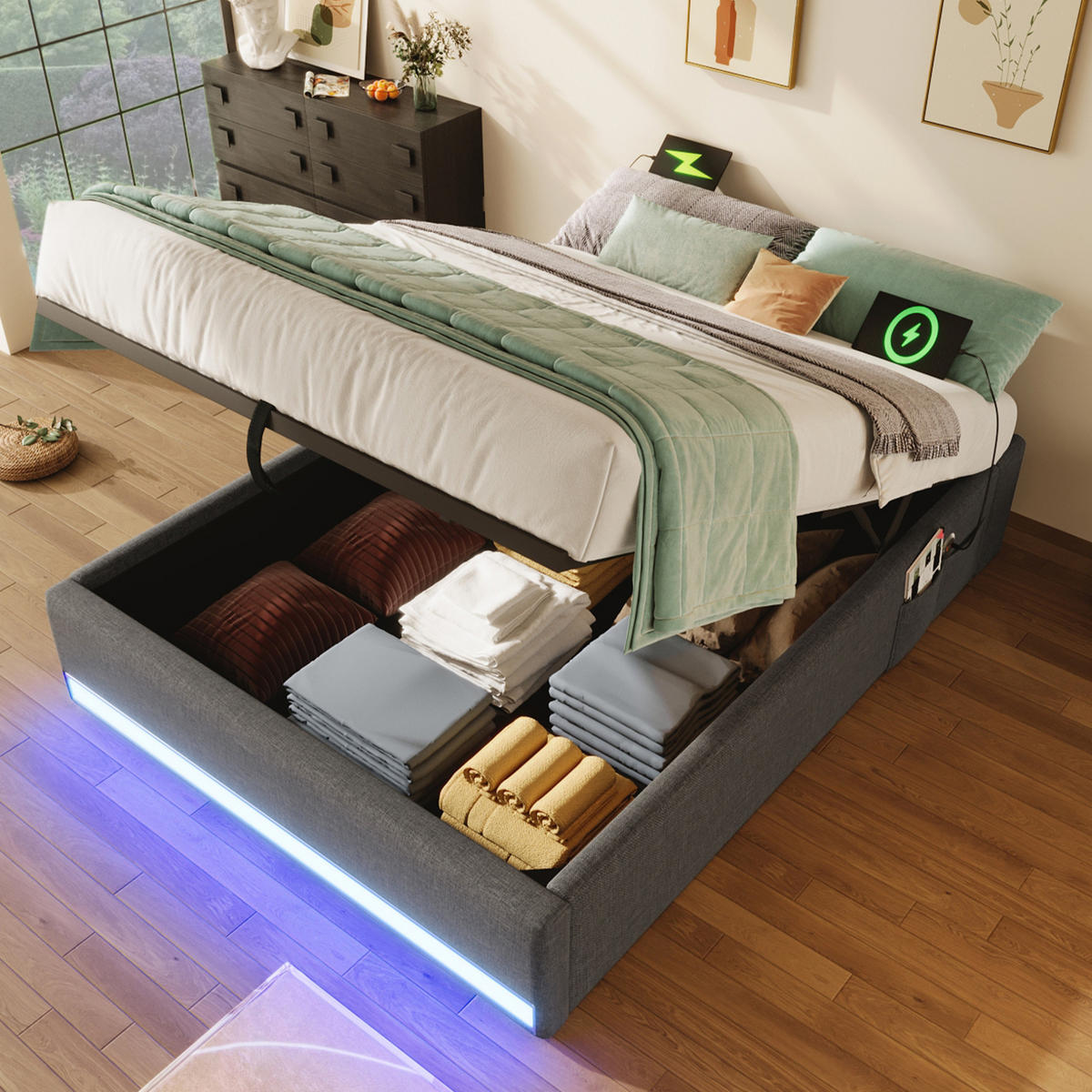 POLSTERBETT 90/200 cm Grau mit LED-Beleuchtung, Stauraum und USB-Anschlüssen - Grau, Textil (90/200cm) - Flora Grace
