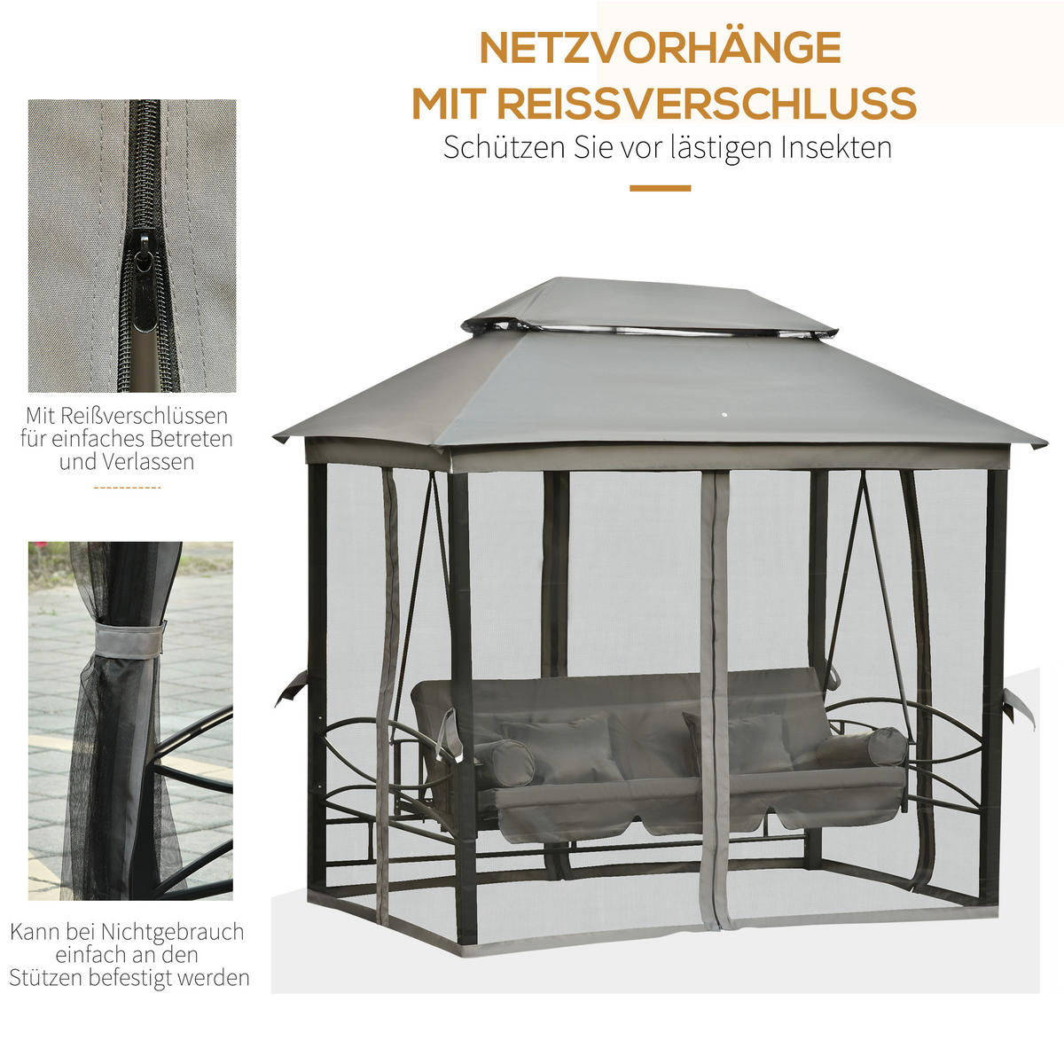 HOLLYWOODSCHAUKEL DE-06976 3-Sitzer, mit Seitenwänden & Moskitonetz, Liegefunktion Grau - Dunkelgrau, Metall (256/248/172cm) - ComfortXL
