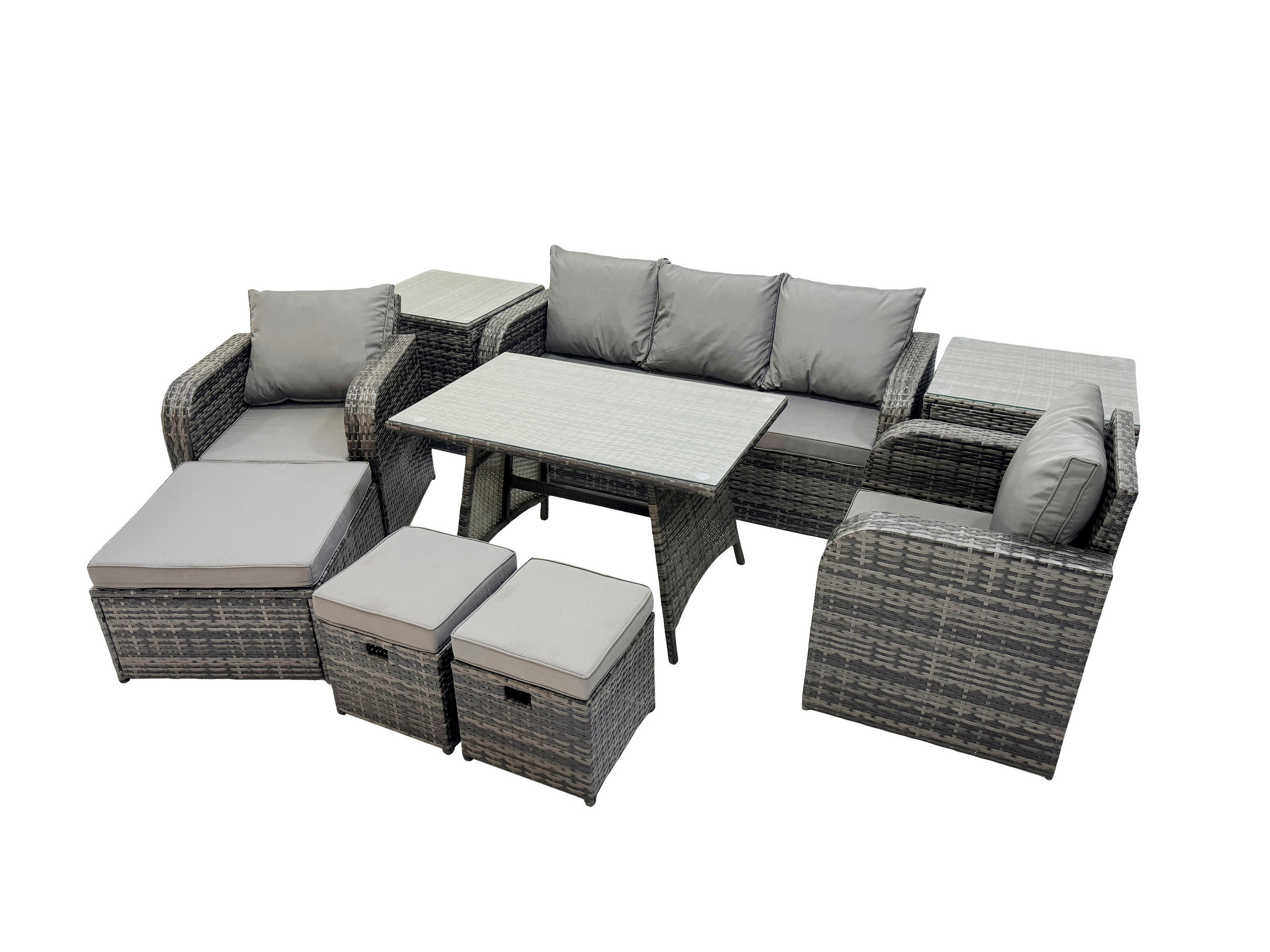 GARTENMÖBEL SET mit COUCHTISCH Polyrattan Dunkelgrau 8-Sitzer - Dunkelgrau/Grau, Glas/Kunststoff - Fimous