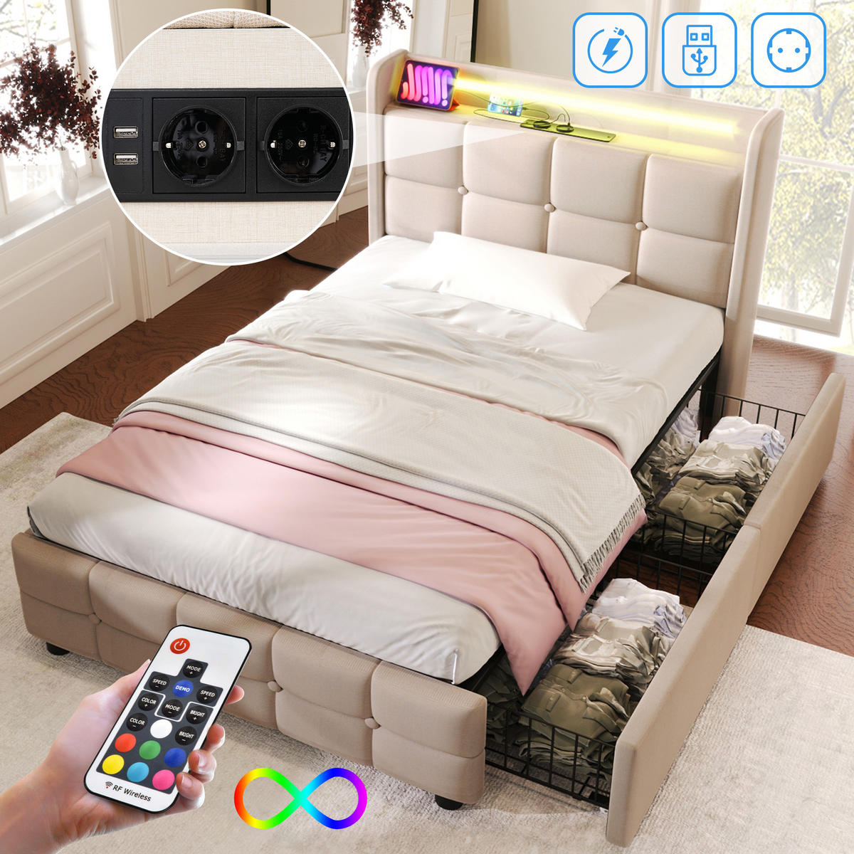 STAURAUMBETT 90/200 cm DE-00216, in Beige, LED und 2 Schubladen - Beige, Holz (90/200cm) - ComfortXL