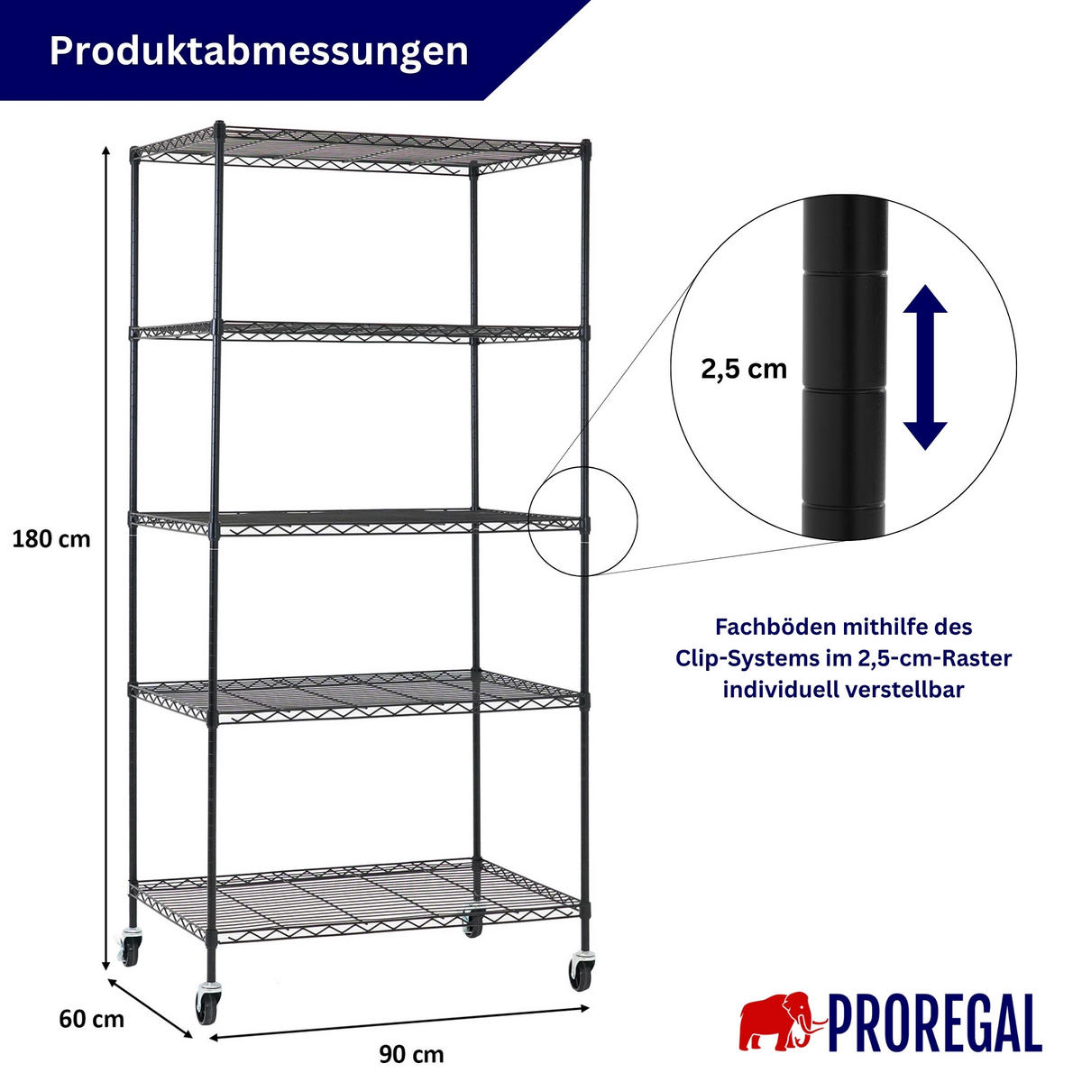 GITTERREGAL HADES mit Rollen & 5 Gitterböden Metall 180x90x60cm Schwarz - Schwarz, Metall (90/180/60cm) - PROREGAL