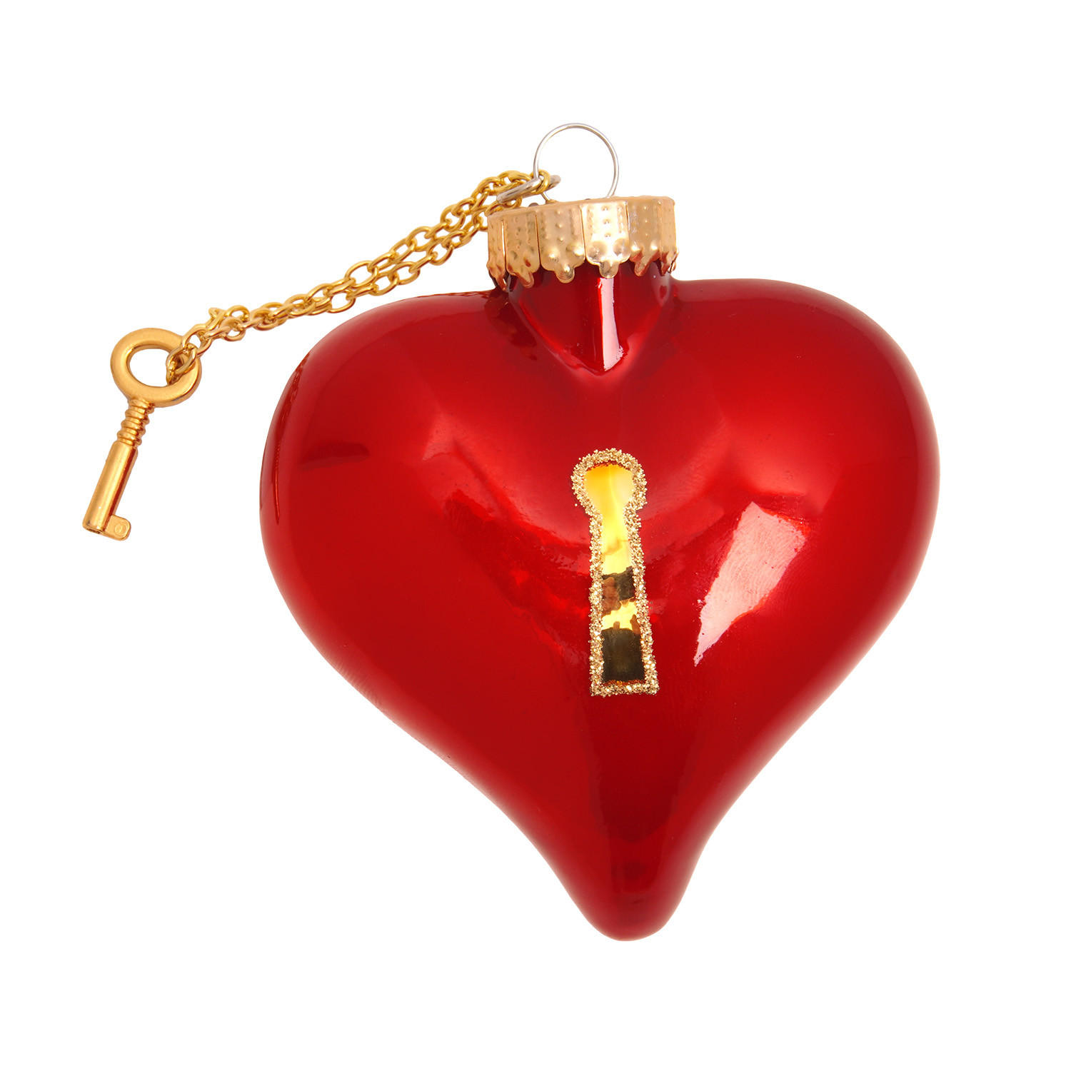 CHRISTBAUMSCHMUCK Herz mit Schlüsselkette Rot 10cm (Glas / 1 Stk.) - Rot, Glas (8/10/4cm) - Krebs Glas Lauscha