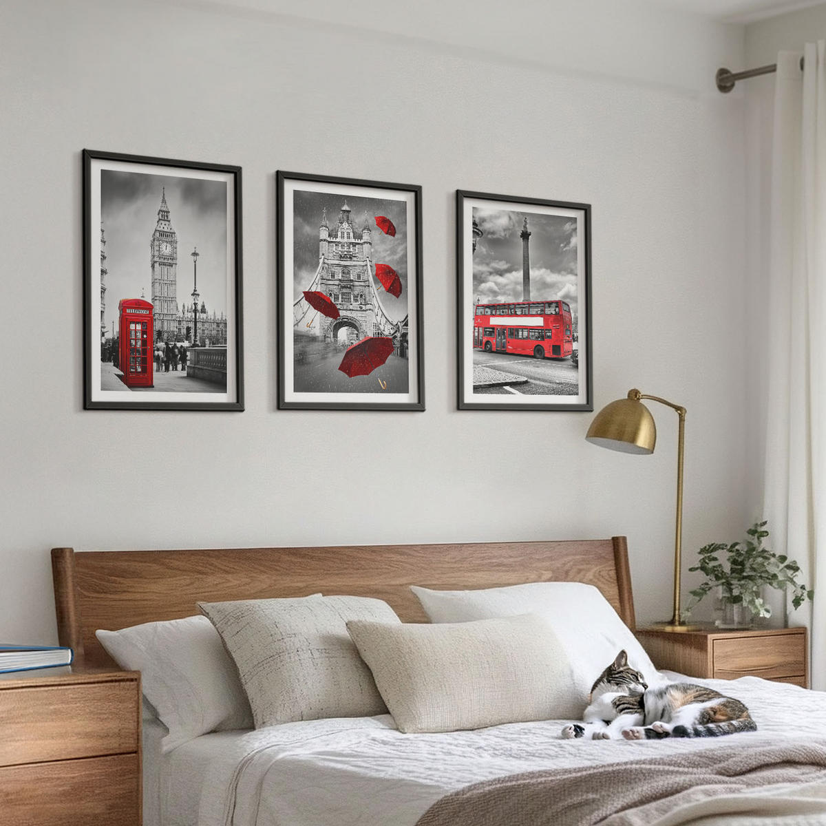 WANDBILDER 3er-Set - 40x60 cm Schwarzer Rahmen - Roter Regenschirmstand und Londoner Bus - Schwarz, Kunststoff (40/60cm) - ArtPrintCave
