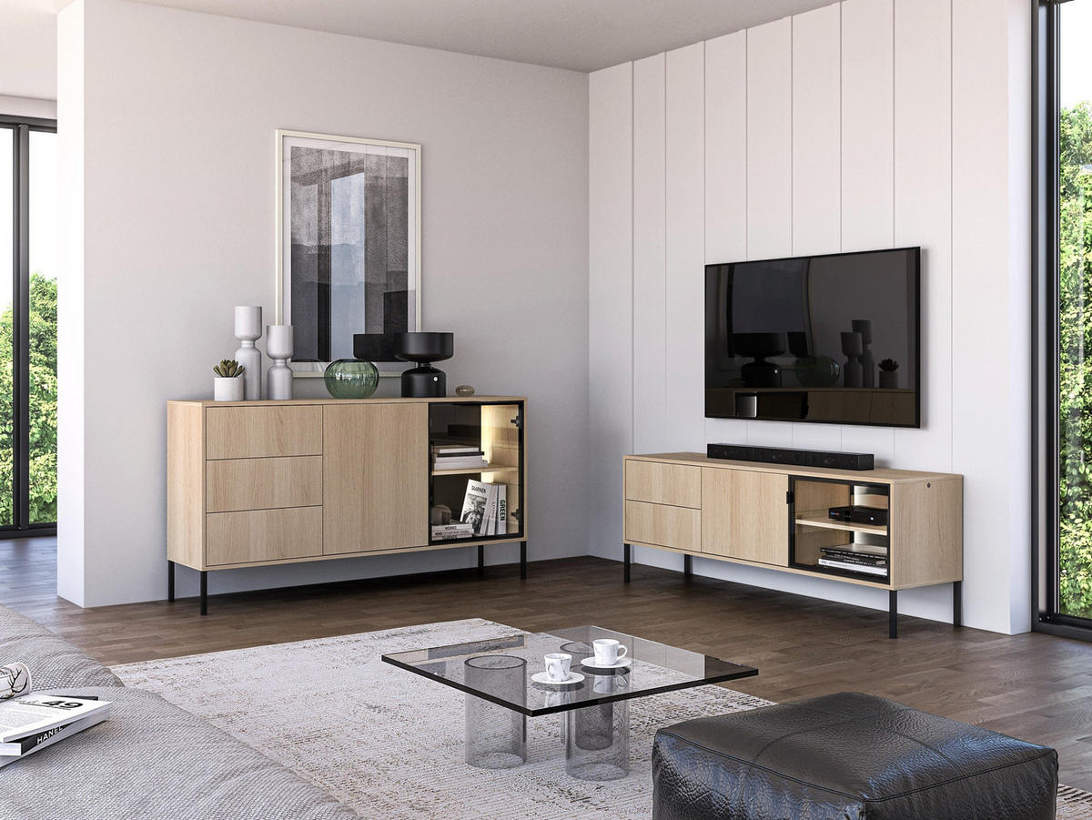TV-LOWBOARD Barnee mit beleuchteter Glasvitrine, Eichenholzoptik, 160 cm - Beige/Schwarz, Holzwerkstoff/Metall (160/58.9/40cm) - Selsey