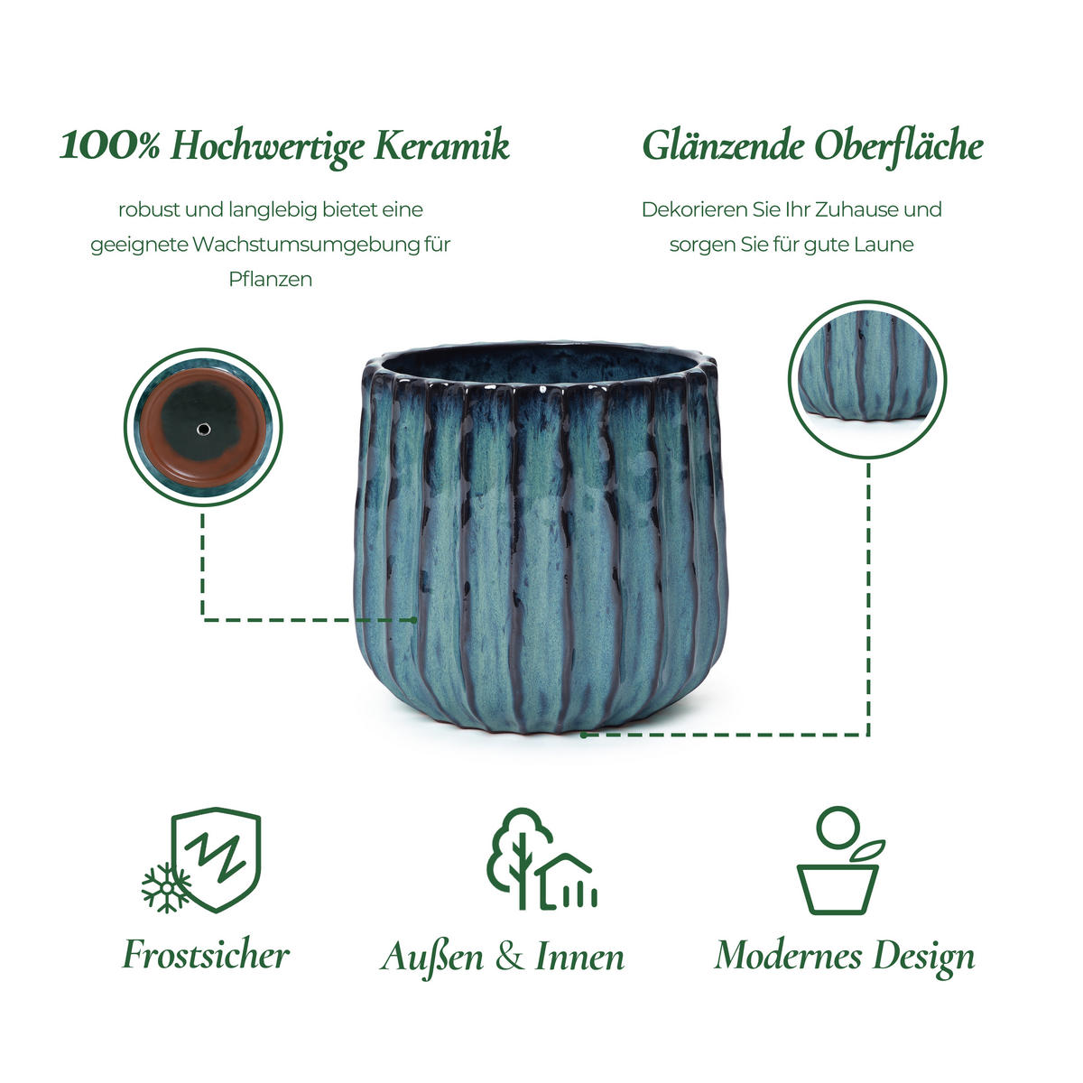 KERAMIK Blumentopf Blauer Durchmesser 21 cm, Höhe 21,5 cm - Blau, Keramik (21cm) - Hometopia