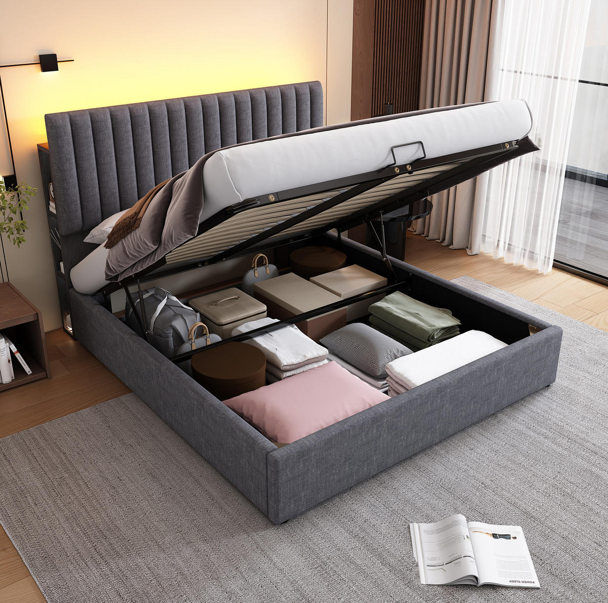 ČALÚNENÁ posteľ 213/141/94-106 cm sivá s matracom, LED osvetlením, úložným priestorom a USB Type C z ľanu - sivá, textil (140/200cm) - OKWISH