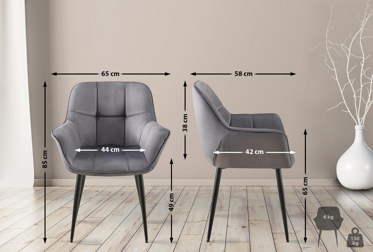 ARMLEHNENSTUHL 2er Set Samt dunkelgrau - Dunkelgrau/Schwarz, Textil/Metall (65/85/58cm) - CLP