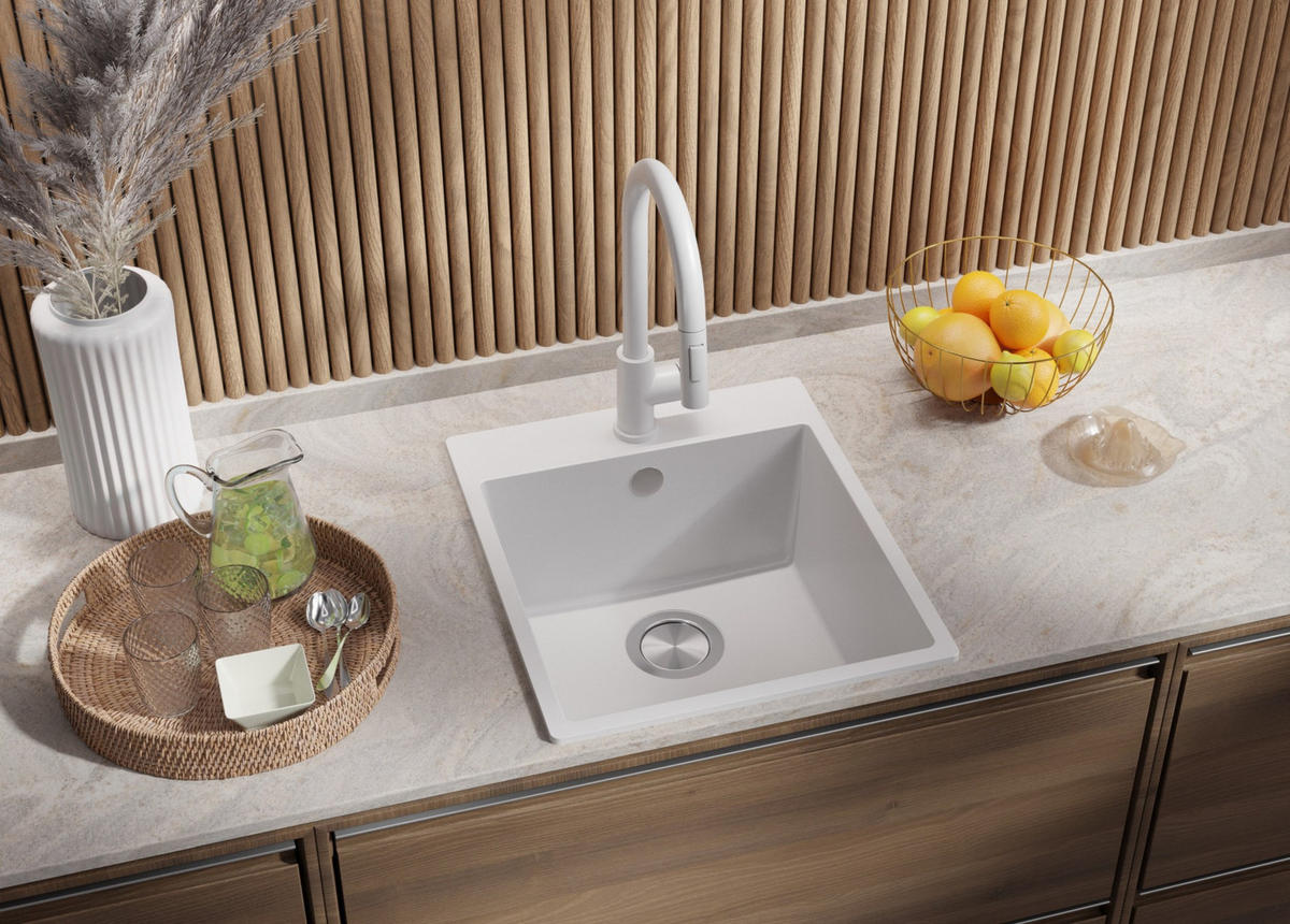 GRANITSPÜLE Riga, 2-er set Alles Weiß 43/50 cm 1 Becken + Küchenarmatur 32/20 cm + Ablauf-Set ab 45er Unterschrank - Weiß, Kunststoff (43/20/50cm) - Primagran