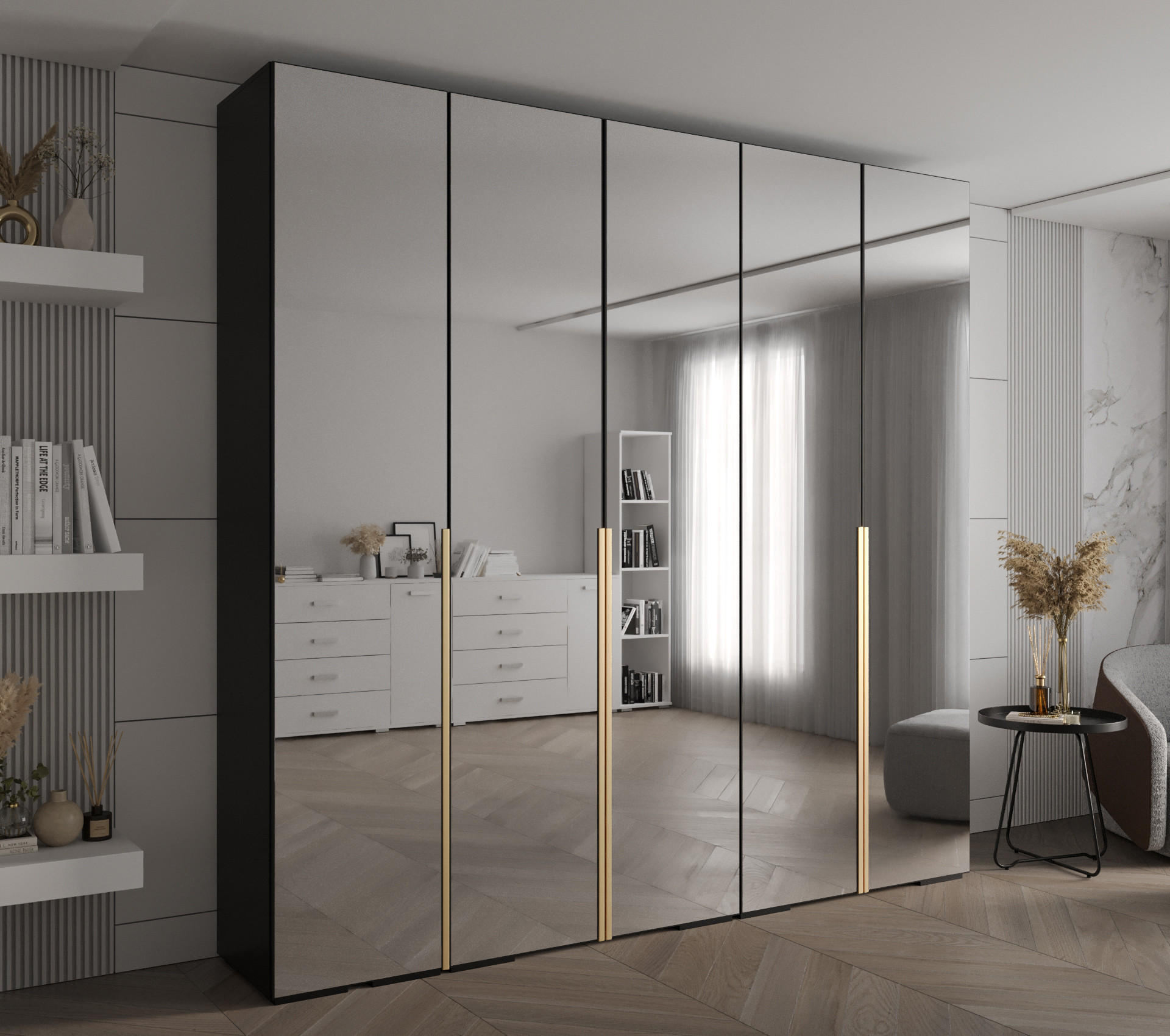 DREHTÜRENSCHRANK 236.7/250/47 5-türig - Goldfarben/Schwarz, Holz/Metall (250/236.7/47cm) - Abiks Möbel