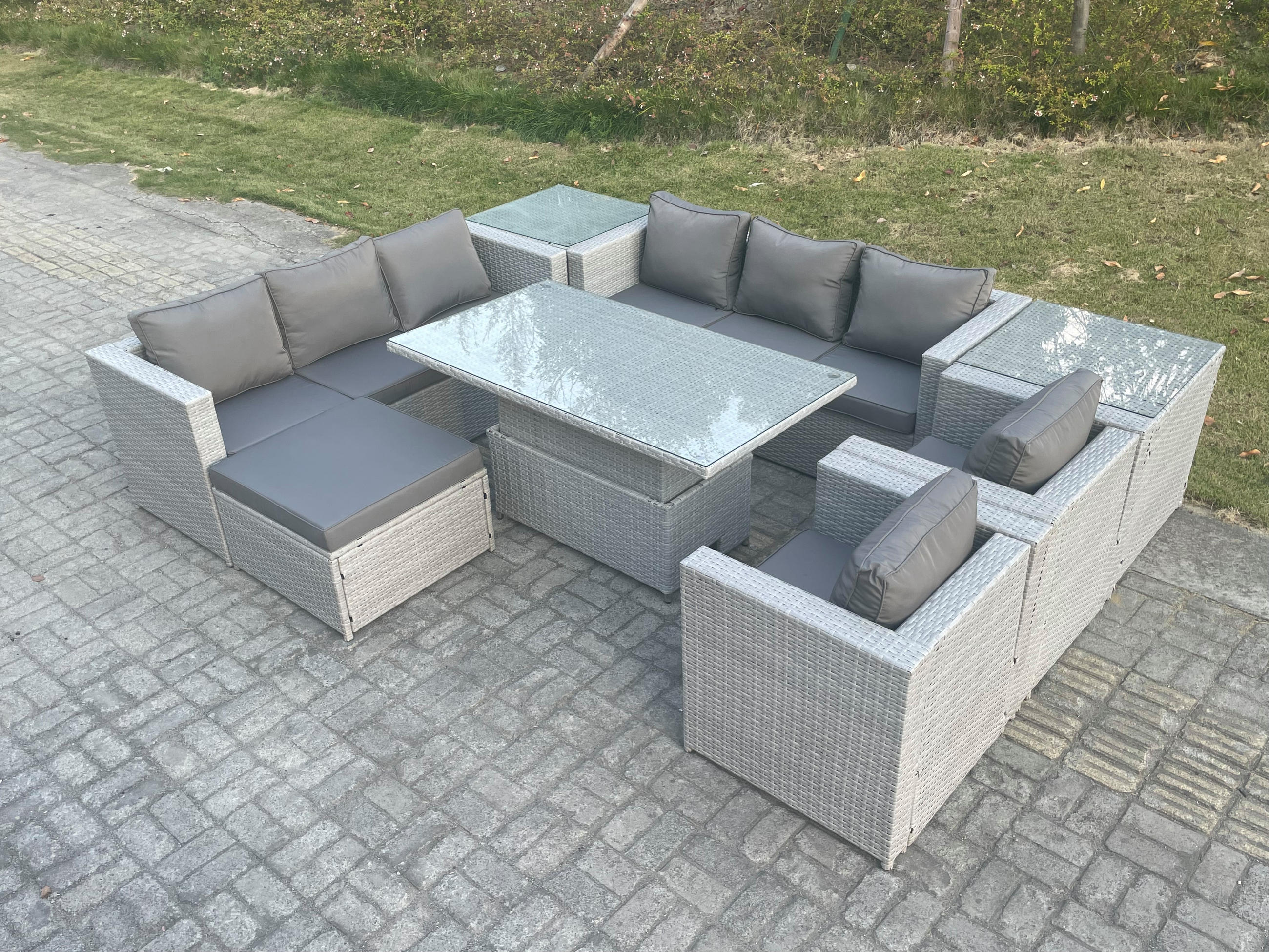 GARTENMÖBEL SET Polyrattan Helles Grau 9-Sitzer - Hellgrau, Metall - Fimous
