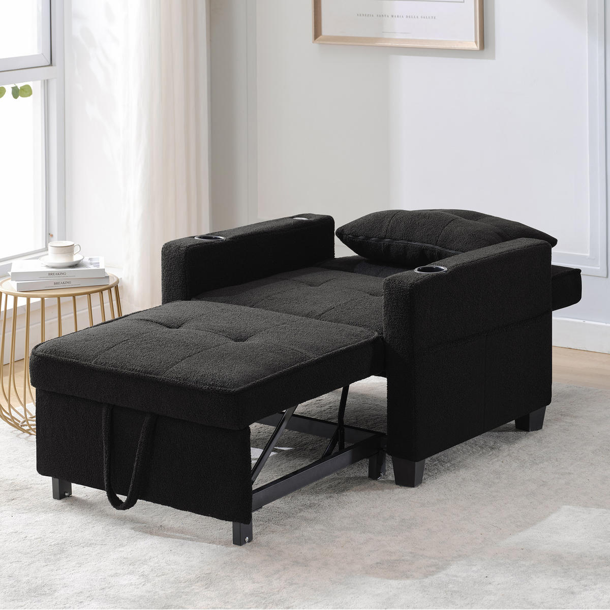 RELAXSESSEL 87/74/84 cm Schwarz mit Getränkehaltern und USB Anschluss - Schwarz, Textil (74/84/87cm) - Oxeza