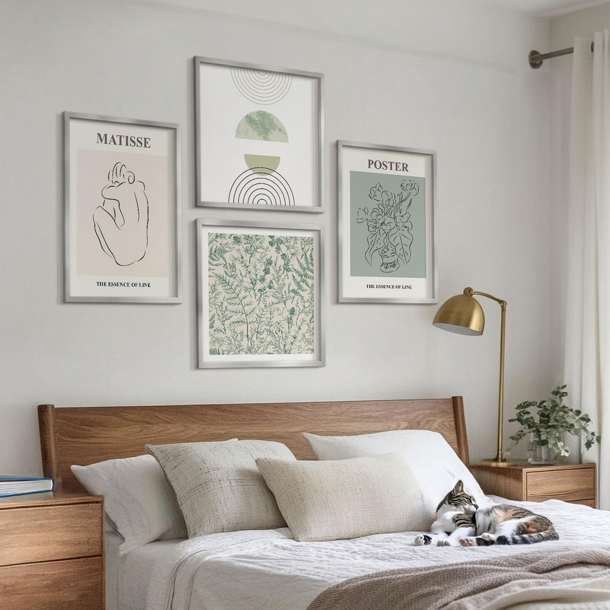 BILDER SET 4er Set - 50x50 cm & 40x60 cm Silberner Rahmen - Linien, Pflanzenmuster, Minimalismus - Silberfarben, Kunststoff (50/50cm) - TULUP