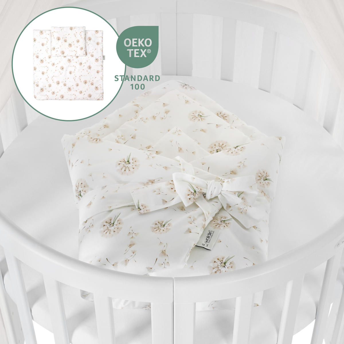 BABYBETT WHITE OVAL 7in1 mit Matratze und Himmelset - Champagner/Weiß, Holz/Textil