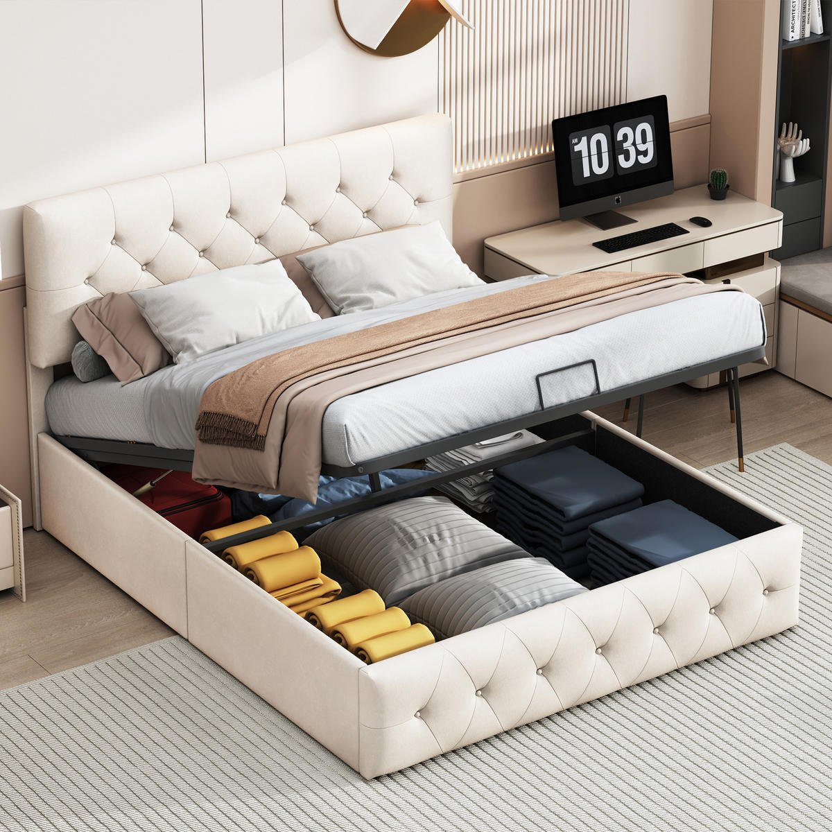 POLSTERBETT 140x200 cm mit Bettkasten und Hydraulik, Doppelbett mit Lattenrost und Kopfteil, Bett 140x200, Samtstoff, Beige - Beige, Textil/Metall (140/200cm) - GENKI LIVING
