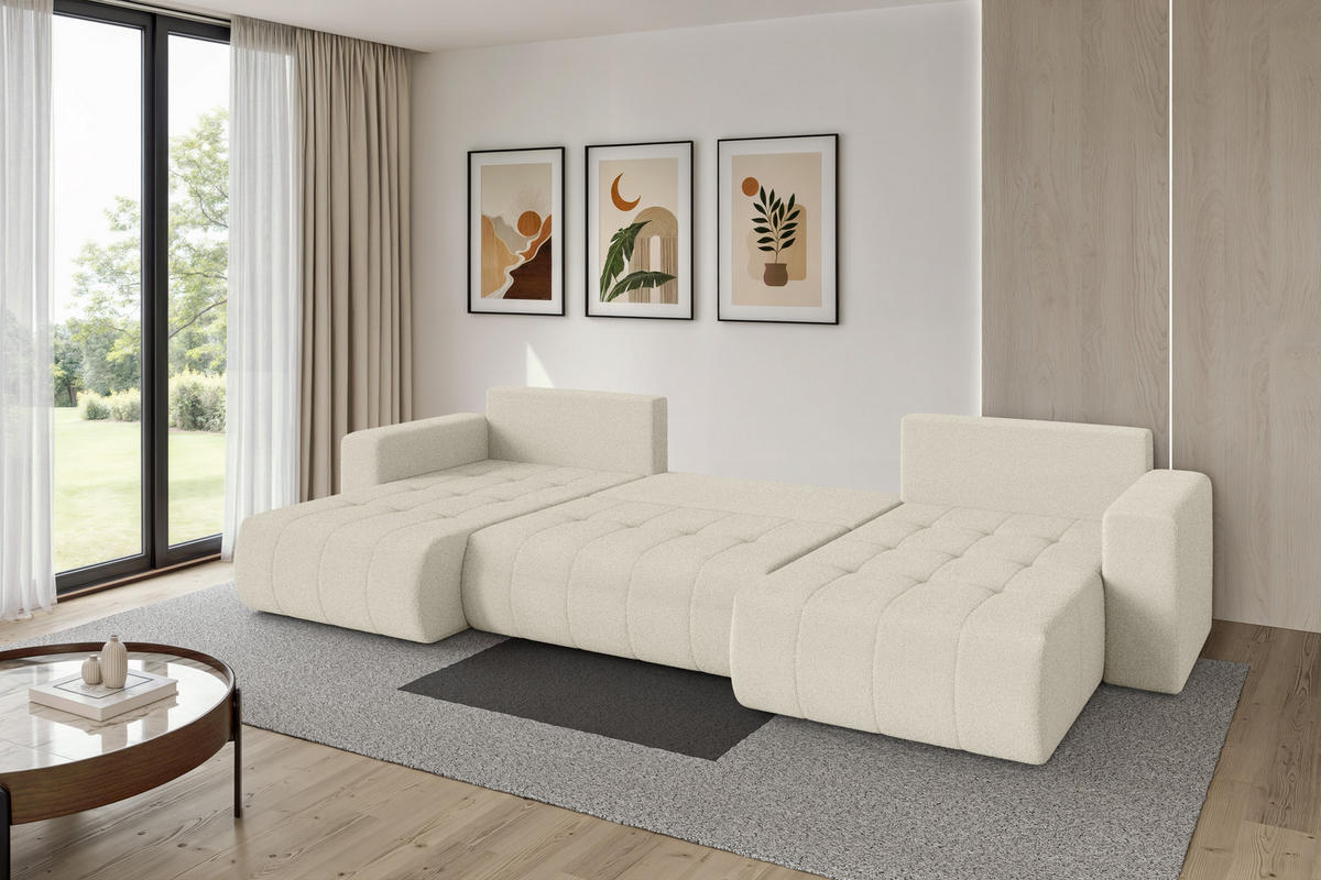 SEDACÍ SOUPRAVA DO U s funkcí spaní a úložným prostorem MILA-U 378x194x86 béžová bouclé - černá/písková barva, kompozitní dřevo/textil (378/86/194cm) - ALTDECOR