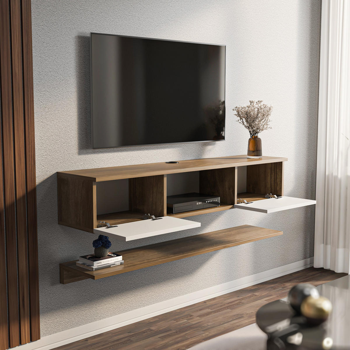 TV-ELEMENT Elia Walnussbraun Weiß - Alteiche/Weiß, Holzwerkstoff (140/25.6/32cm) - Decorotika