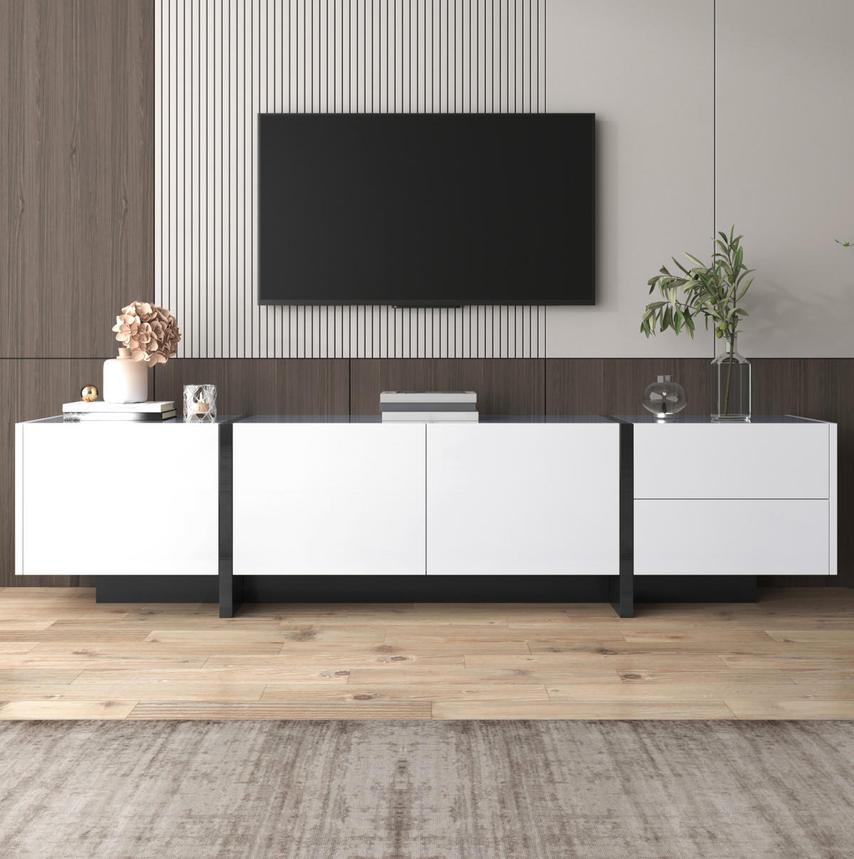 TV-ELEMENT mit 3 Türen und 2 Schubladen 190 x 35 x 45 cm Weiß/Schwarz - Weiß, Holzwerkstoff (35/35/190cm) - Beauniv