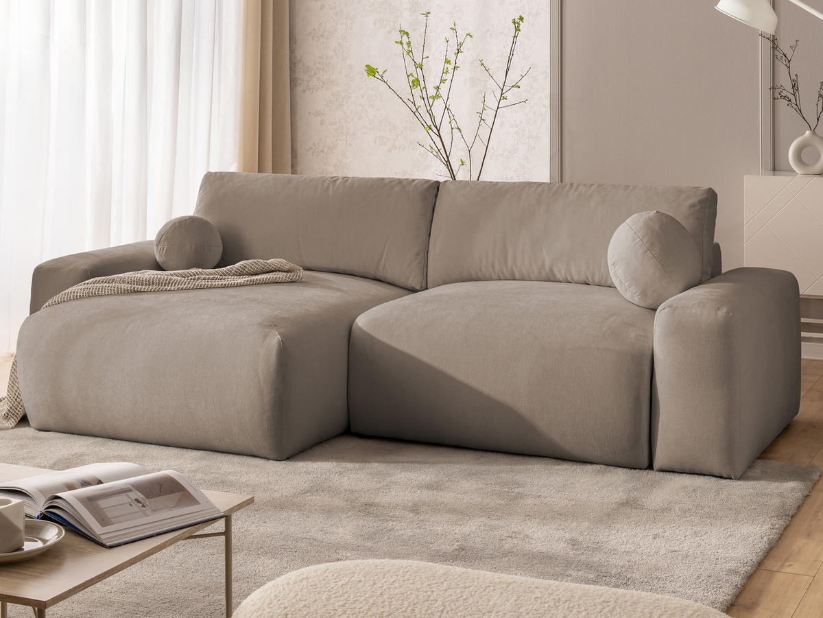 ECKSOFA Puffy mit Schlaffunktion und Bettkasten - besonders weich und puffig aus Greige Webstoff - Ottomane links - Greige/Schwarz, Holz/Kunststoff (138/266cm) - S-Style Möbel