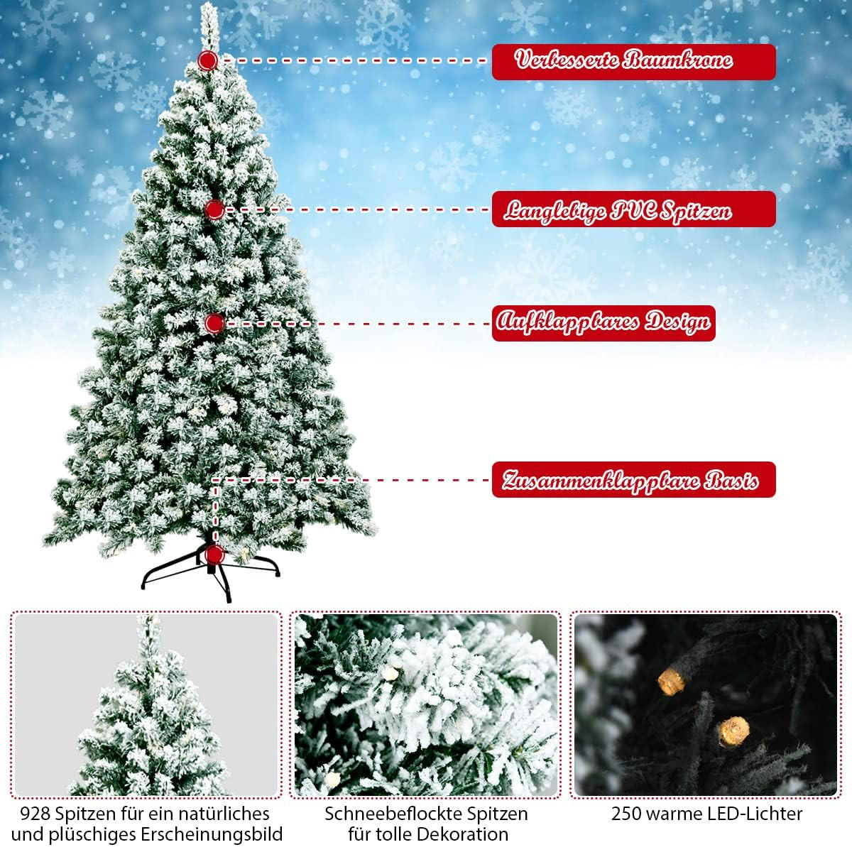 WEIHNACHTSBAUM mit Schnee und warmweissen LED-Lichtern 180cm Grün - Grün, Metall (180cm) - COSTWAY